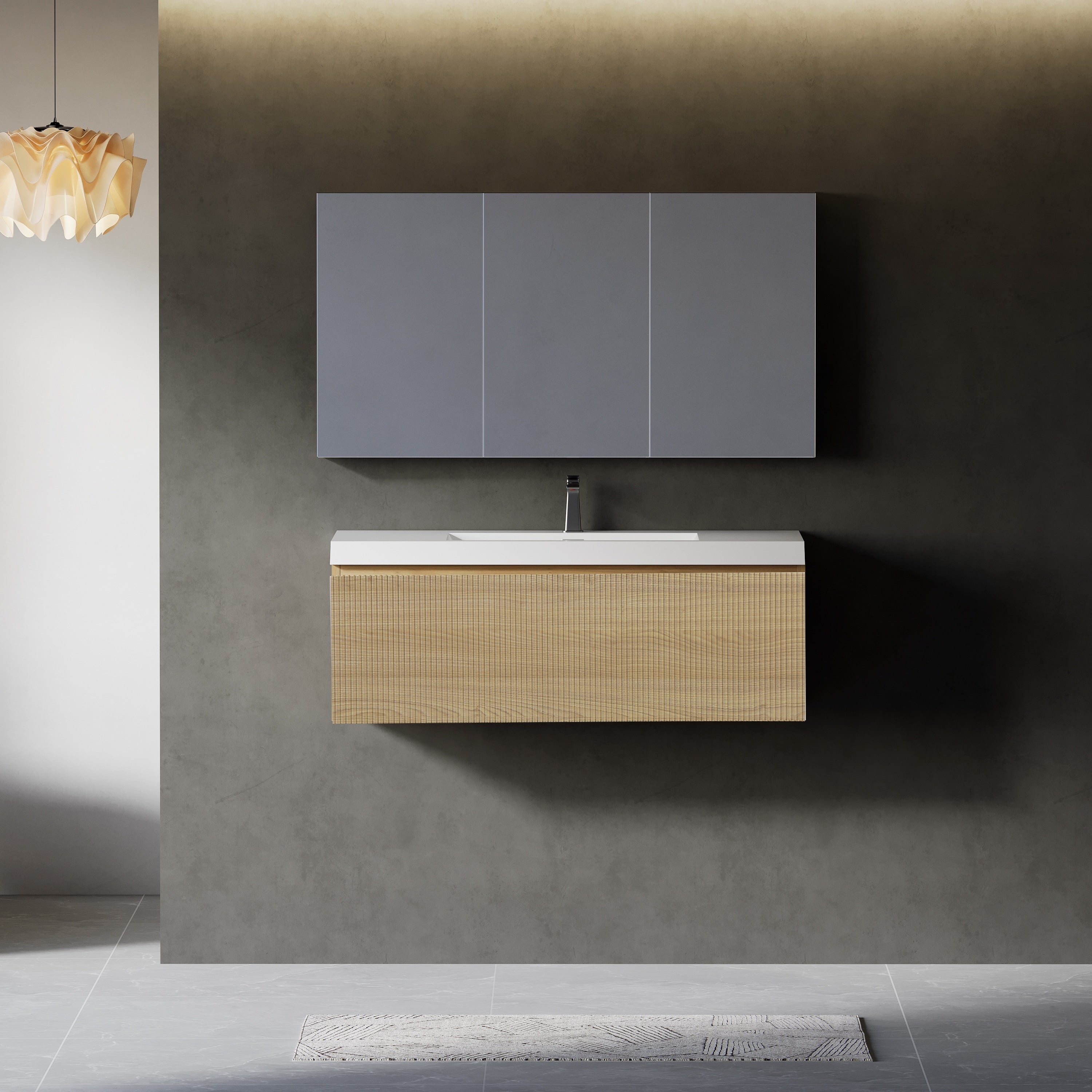 Gdfstudio Preston 42 Inch Floating Bathroom Vanity With Solid Surface Basin And Fluted Storage Drawer