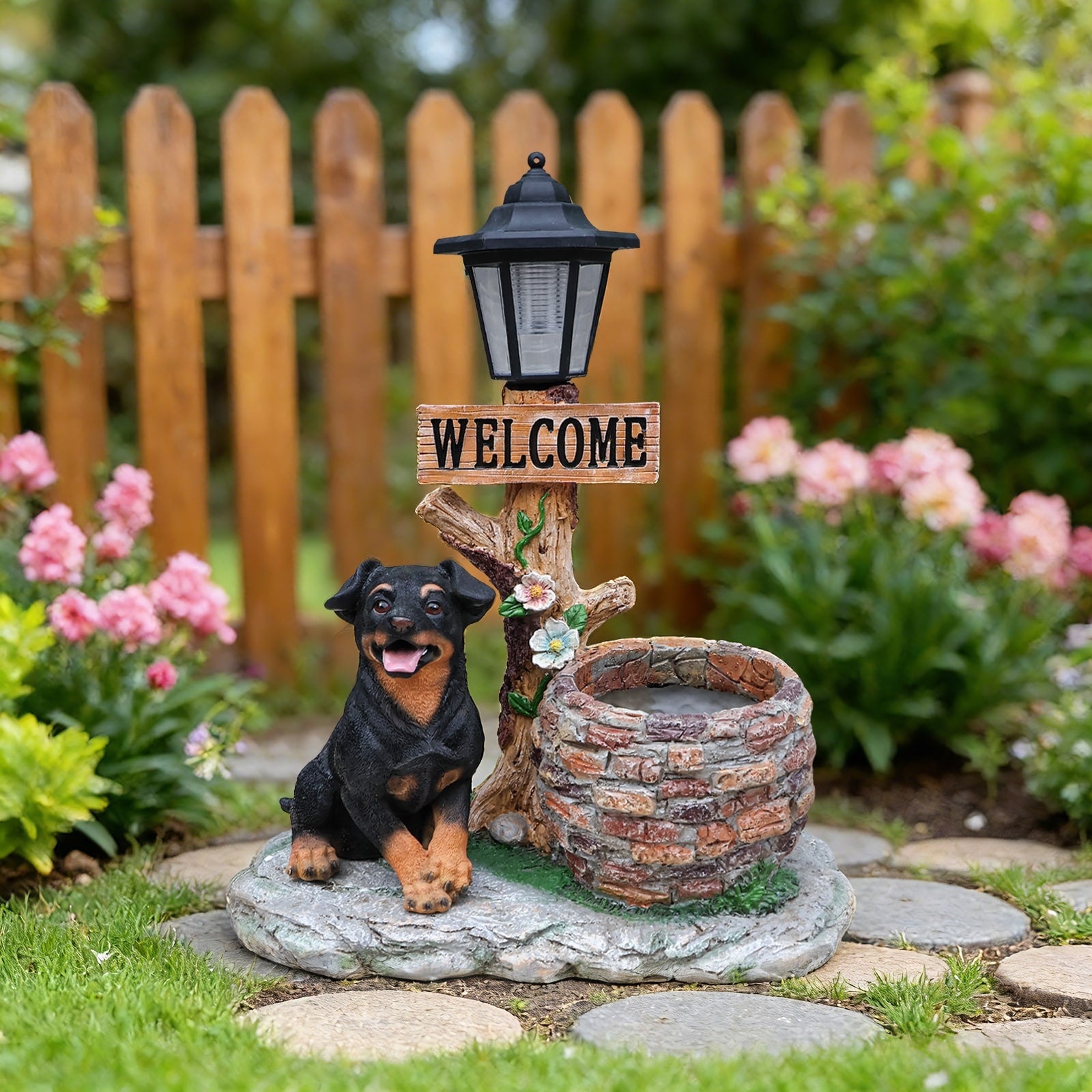 Gdfstudio Puppy Dog Solar Planter Resin Statue Outdoor Garden Decor With Led Light