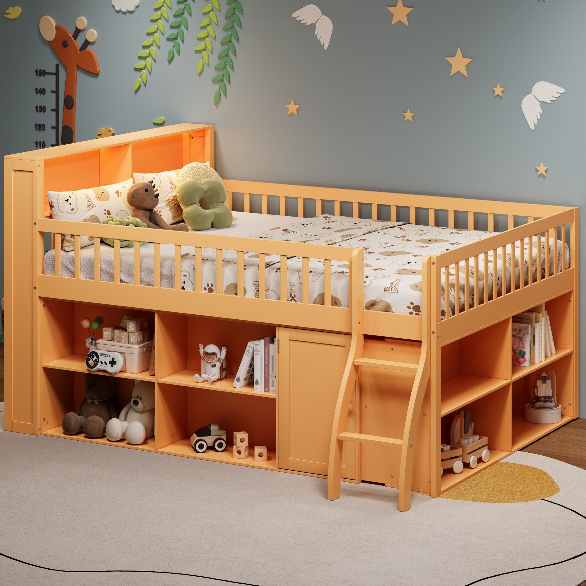 Gdfstudio Purespace Modern Wooden Queen Loft Bed With Storage And Led Headboard