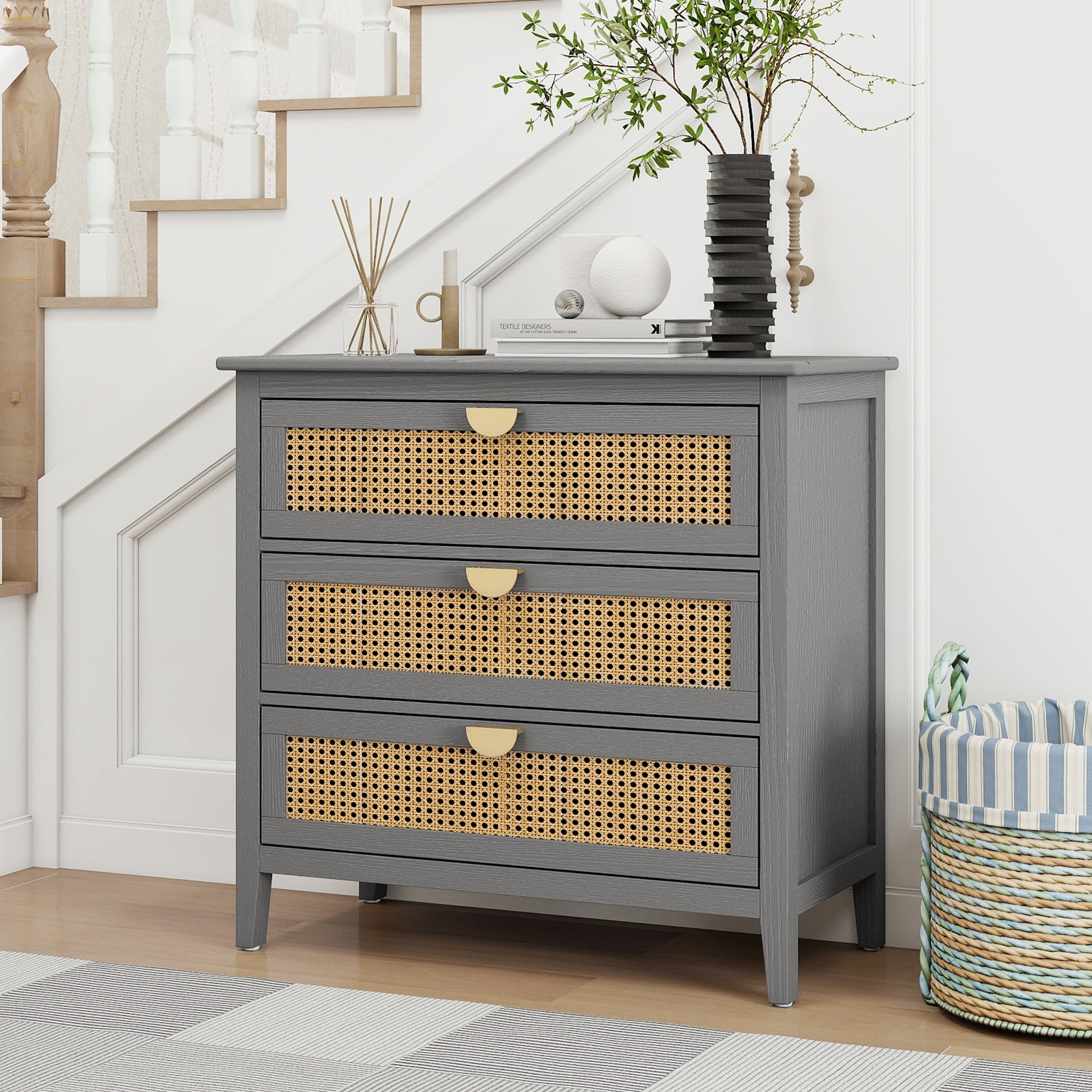 Gdfstudio Rattan Grove American Style Natural Rattan Storage Cabinet With 3 Drawers