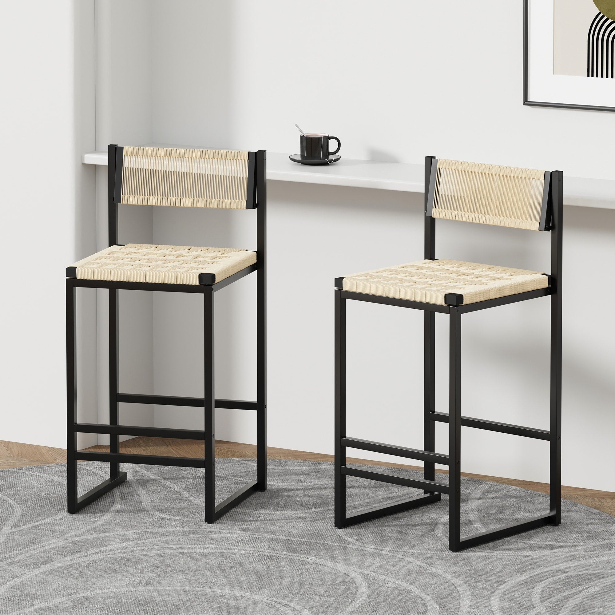 Gdfstudio Riviera Modern Handwoven Paper Rope Counter Height Bar Stool With Metal Frame Backrest Set Of 2 34.84 H