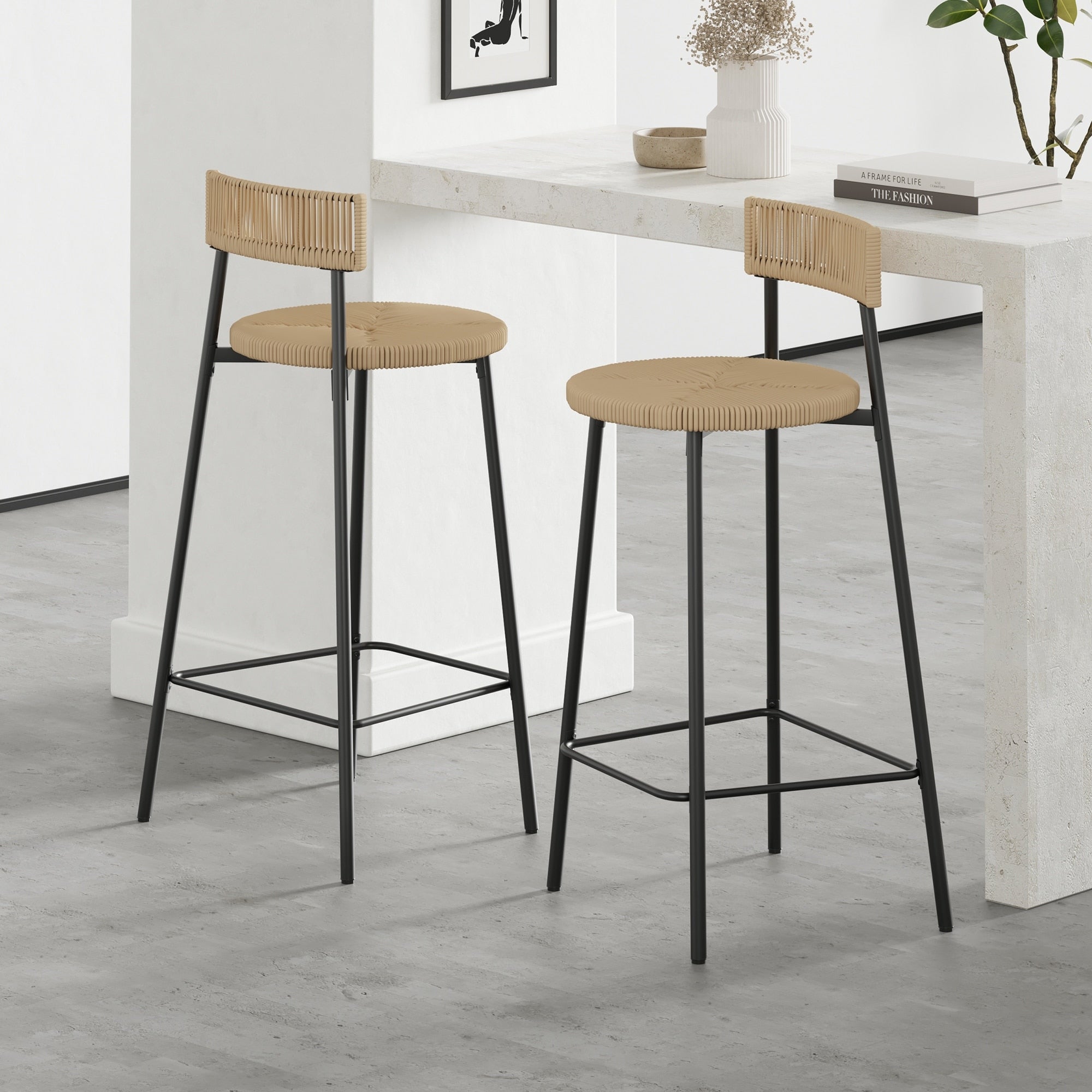 Gdfstudio Rosdale Modern Farmhouse Handwoven Paper Rope Counter Height Bar Stool With Metal Frame And Backrest Set Of 2