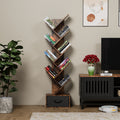 Gdfstudio Rustic Brown Modern Metal Tree Bookshelf With Drawer And 9 Tier Vertical Storage