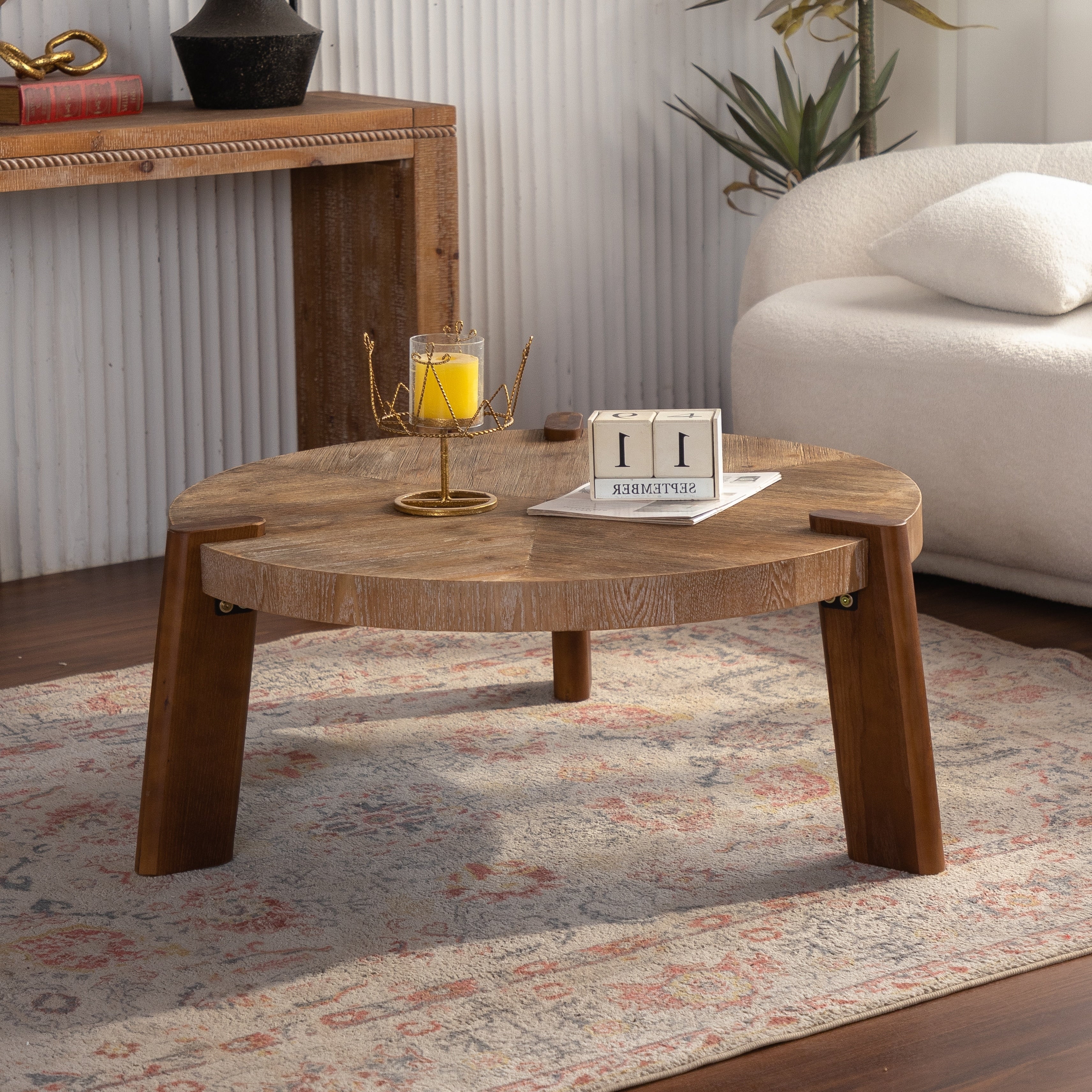 Gdfstudio Rustic Herringbone Round Coffee Table With Solid Wood Top And Tapered Legs