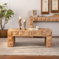 Gdfstudio Rustic Solid Wood Geometric Relief Coffee Table With 3D Carved Rectangular Design