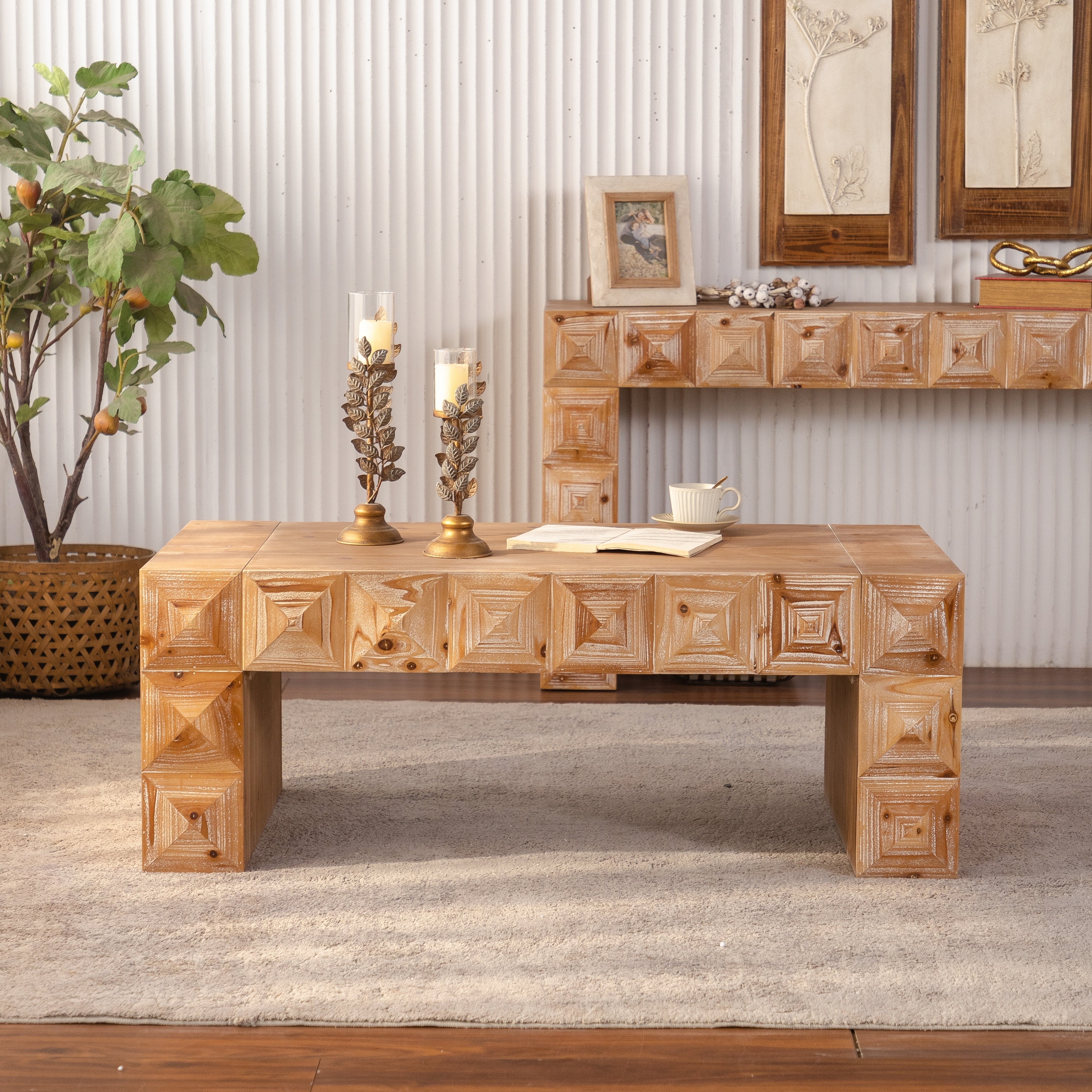 Gdfstudio Rustic Solid Wood Geometric Relief Coffee Table With 3D Carved Rectangular Design