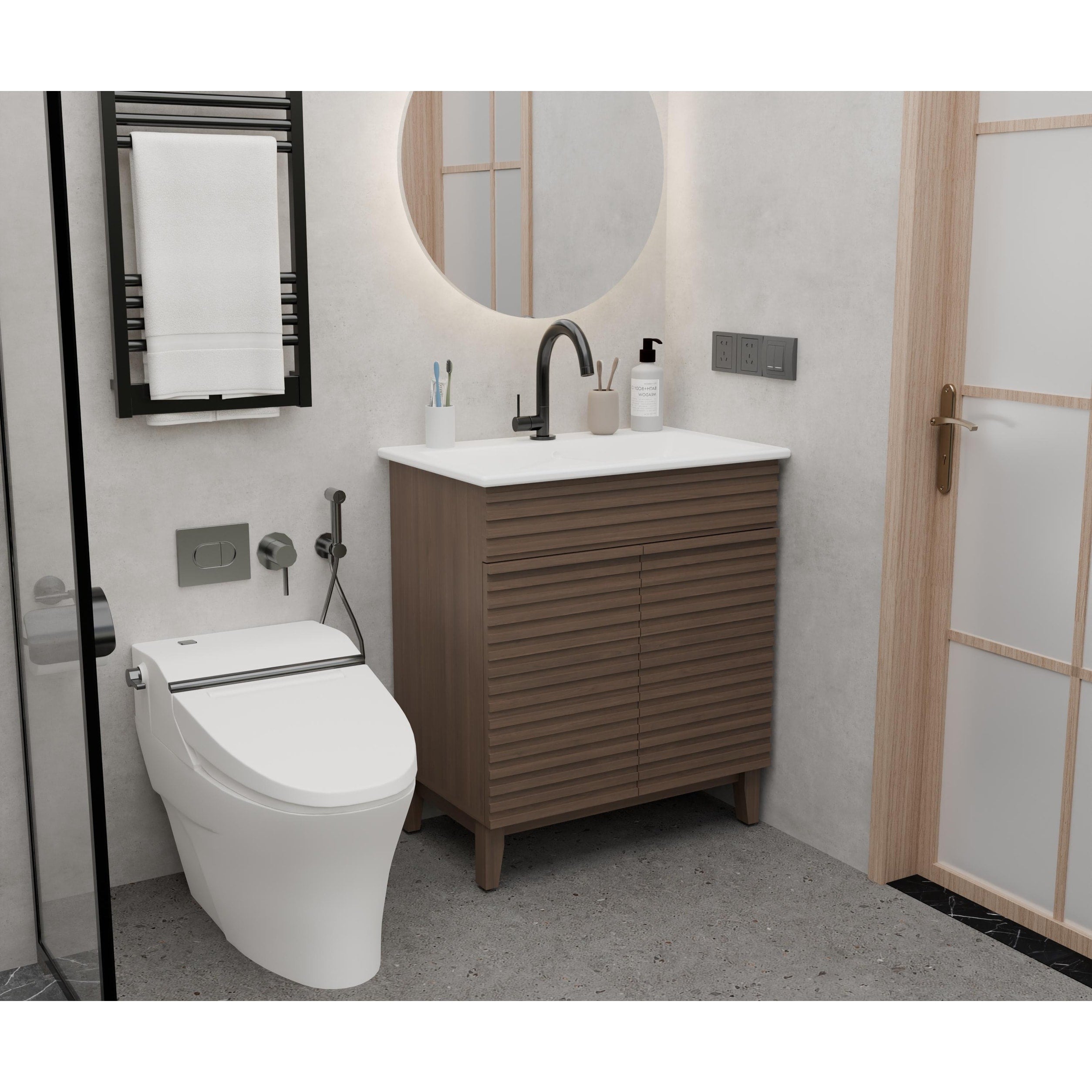 Gdfstudio Sebastian 30 Inch Modern Bathroom Vanity With Ceramic Sink And Slatted Door Storage Cabinet