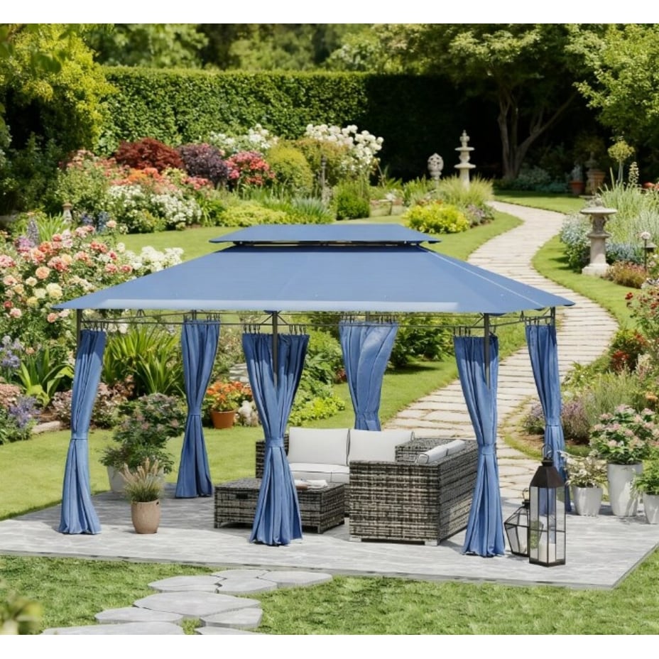 Gdfstudio Sebastian Elegant Double Roof Outdoor Gazebo With Curtains For Versatile Backyard Living