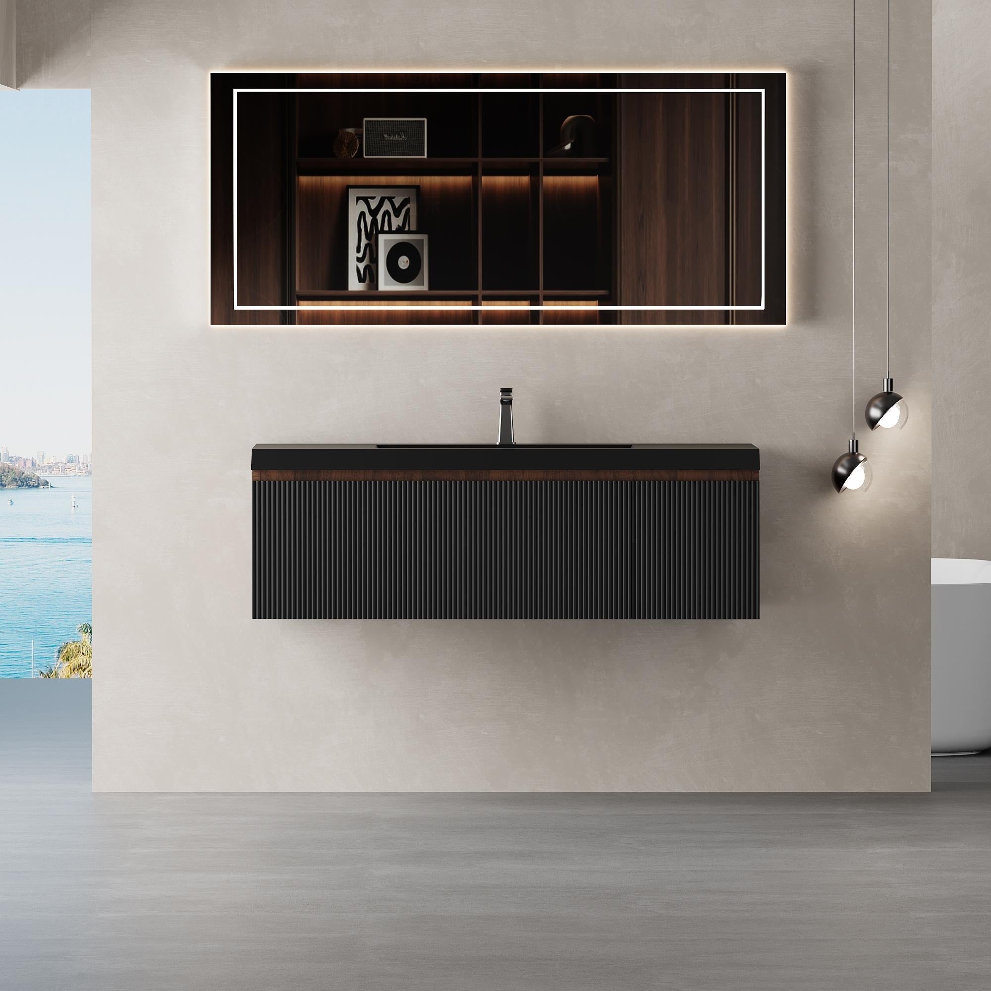 Gdfstudio Sebastian Floating Bathroom Vanity With Quartz Sand Basin And Fluted Storage Cabinet