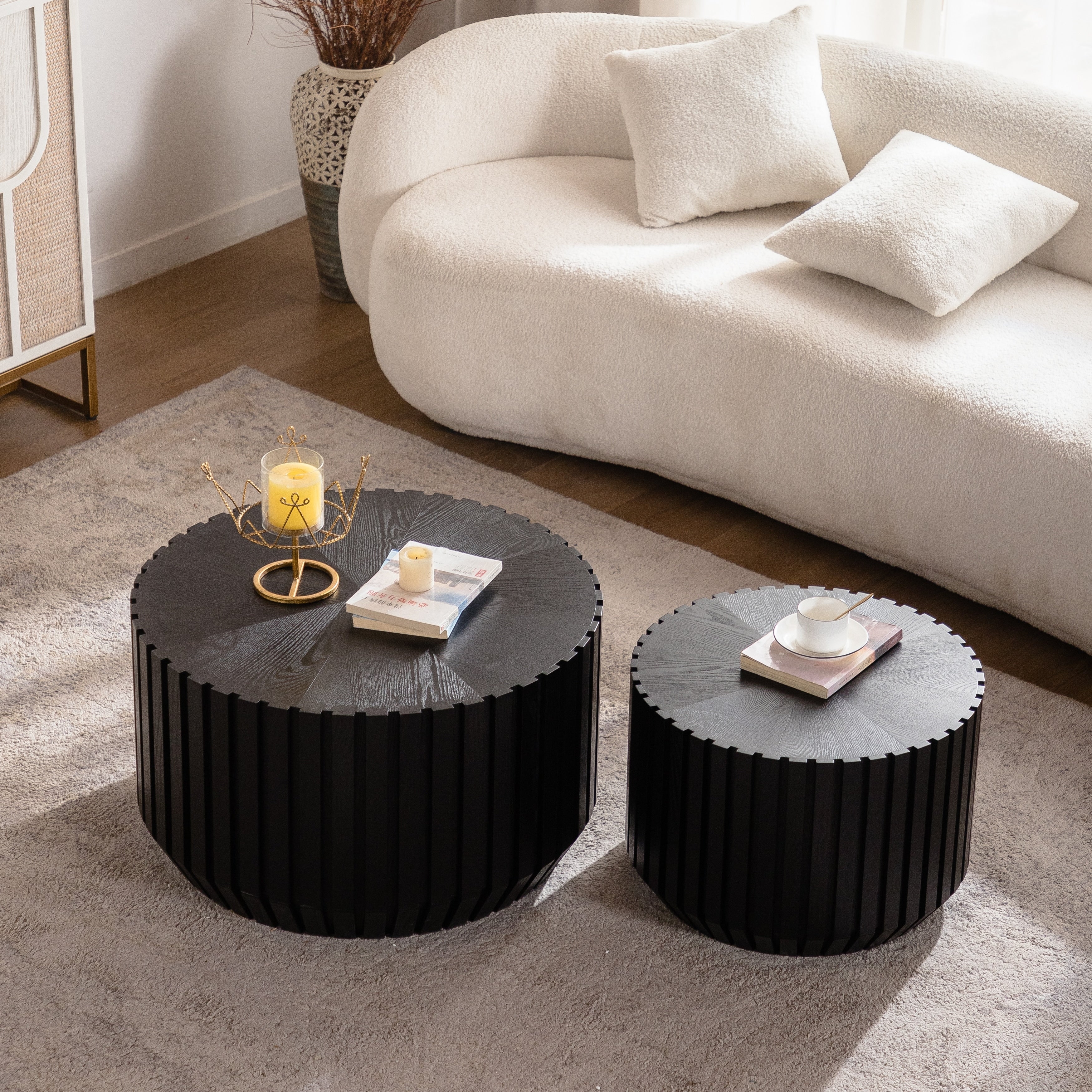 Gdfstudio Set Of 2 Modern Black Fluted Nesting Coffee Table With Solid Wood Tops