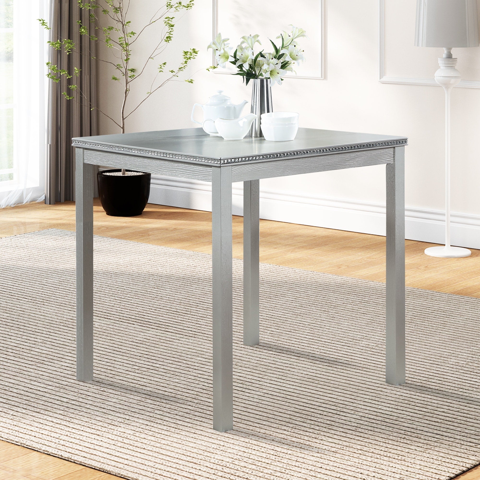 Gdfstudio Silver Grey Wooden Counter Height Square Dining Table With Crystal Accent Edge And Space Saving Design
