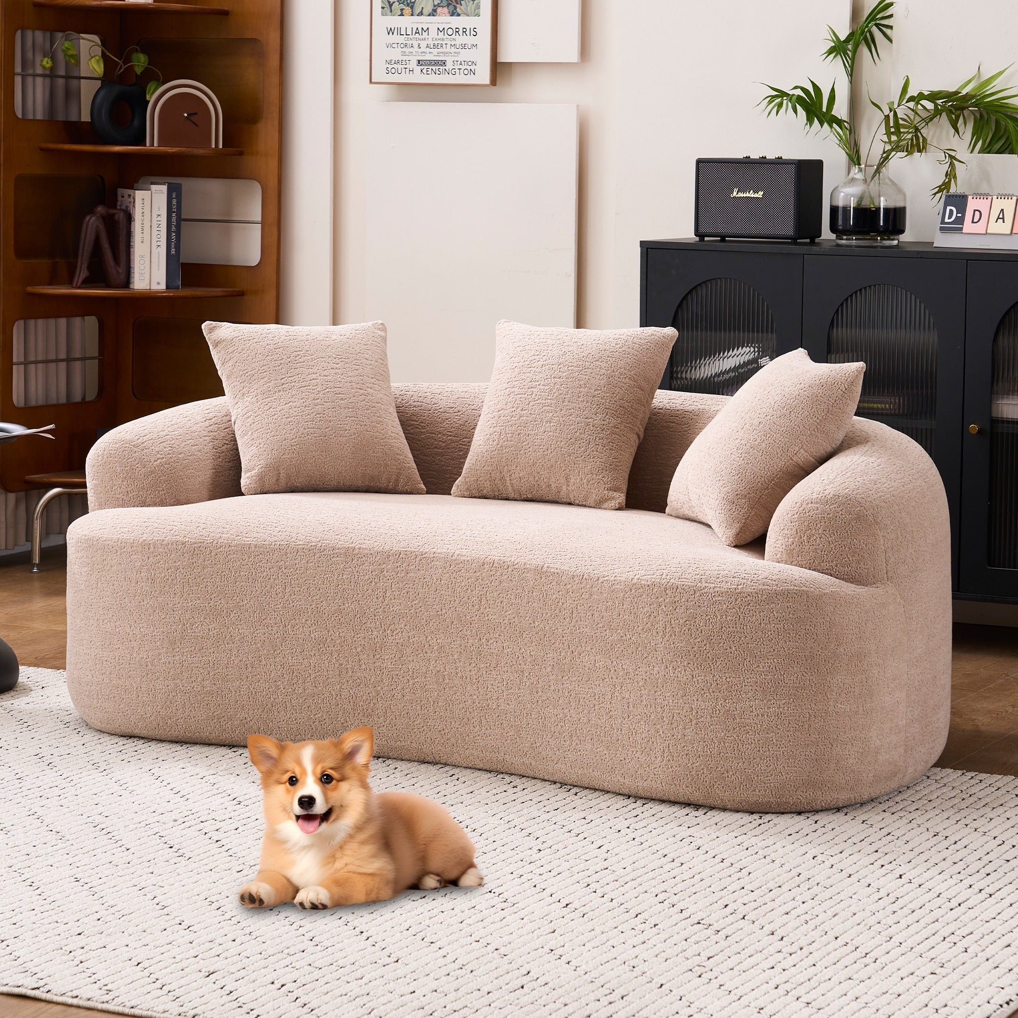 Gdfstudio Soft Upholstered Curved Loveseat Sofa With 3 Pillows For Small Spaces
