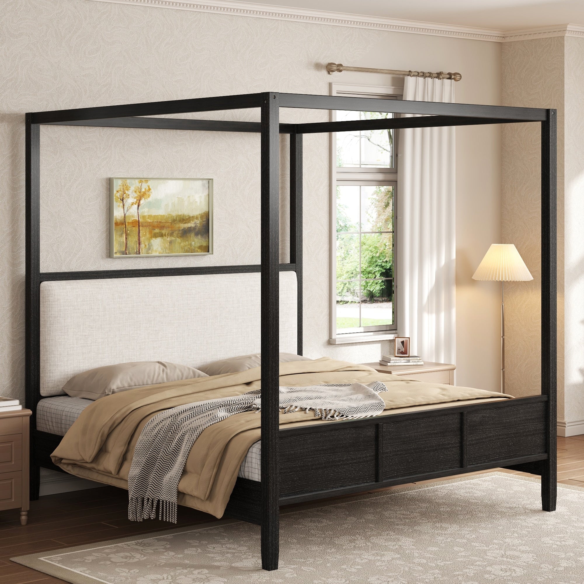 Gdfstudio Solid Wood Canopy Platform Bed With Upholstered Headboard