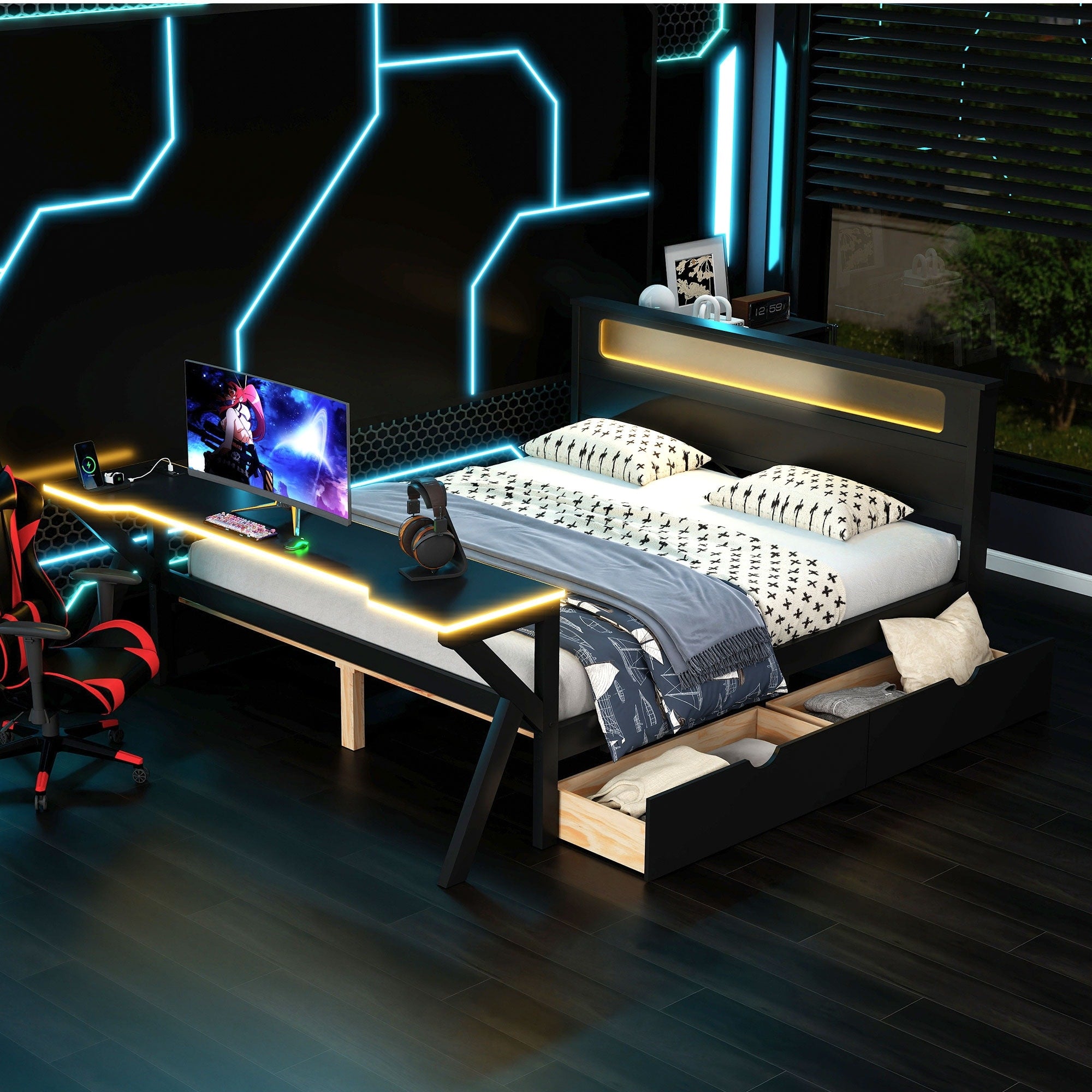 Gdfstudio Solid Wood Full Size Gaming Platform Bed With Led Desk Storage