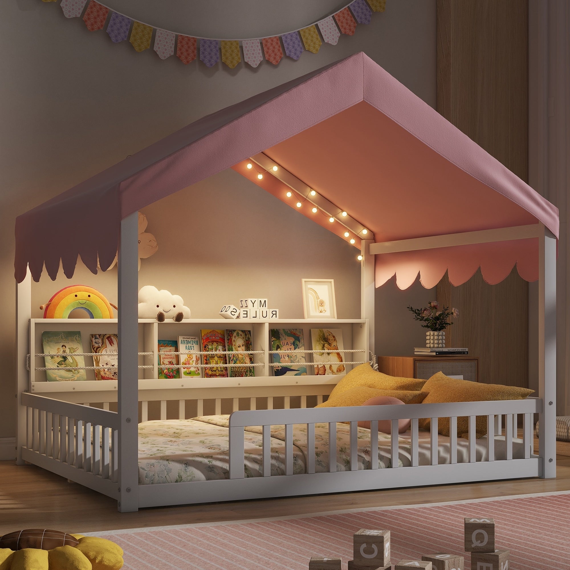 Gdfstudio Solid Wood Full Size House Floor Bed With Storage Shelves And Led