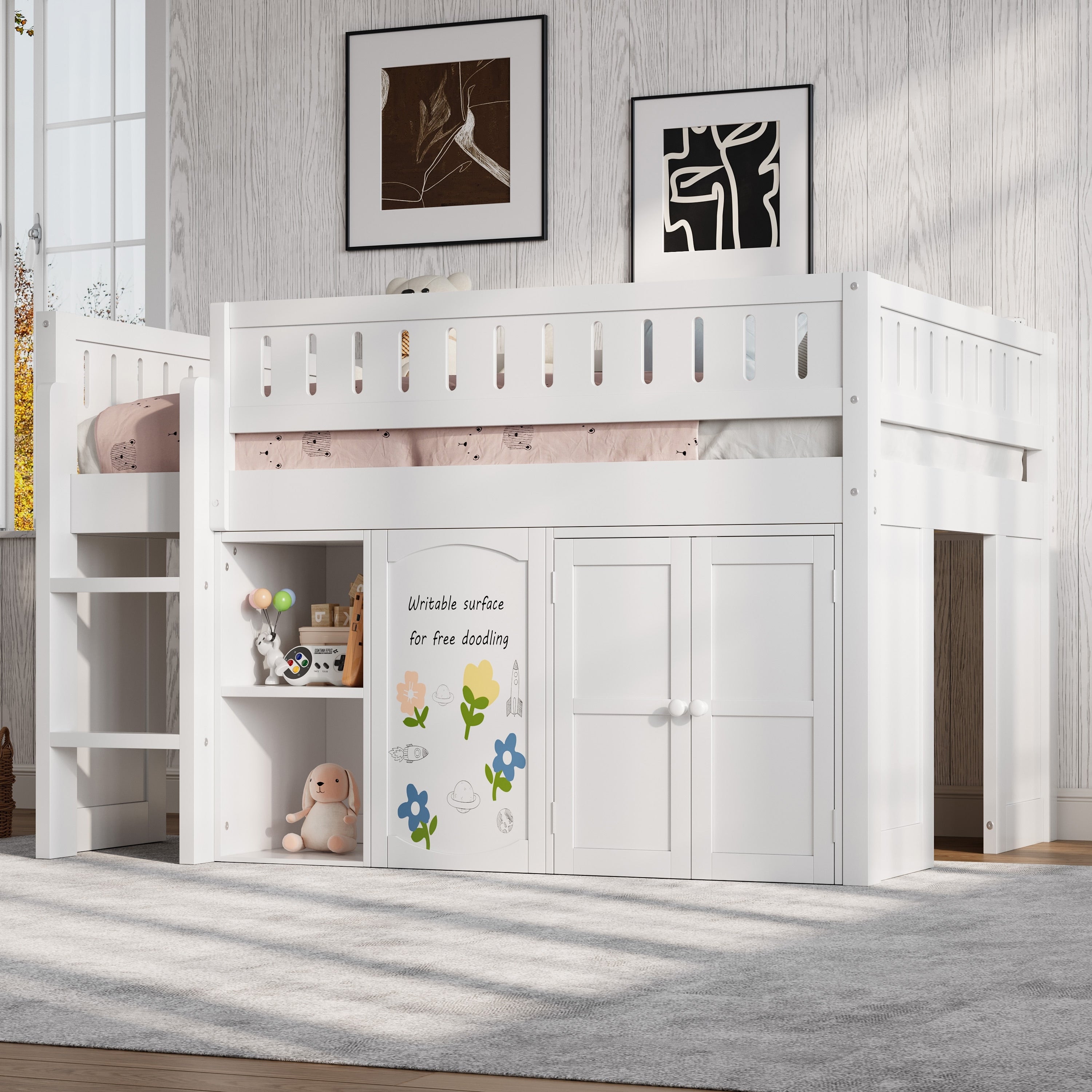 Gdfstudio Solid Wood Full Size Loft Bed With Storage Chalkboard Panel
