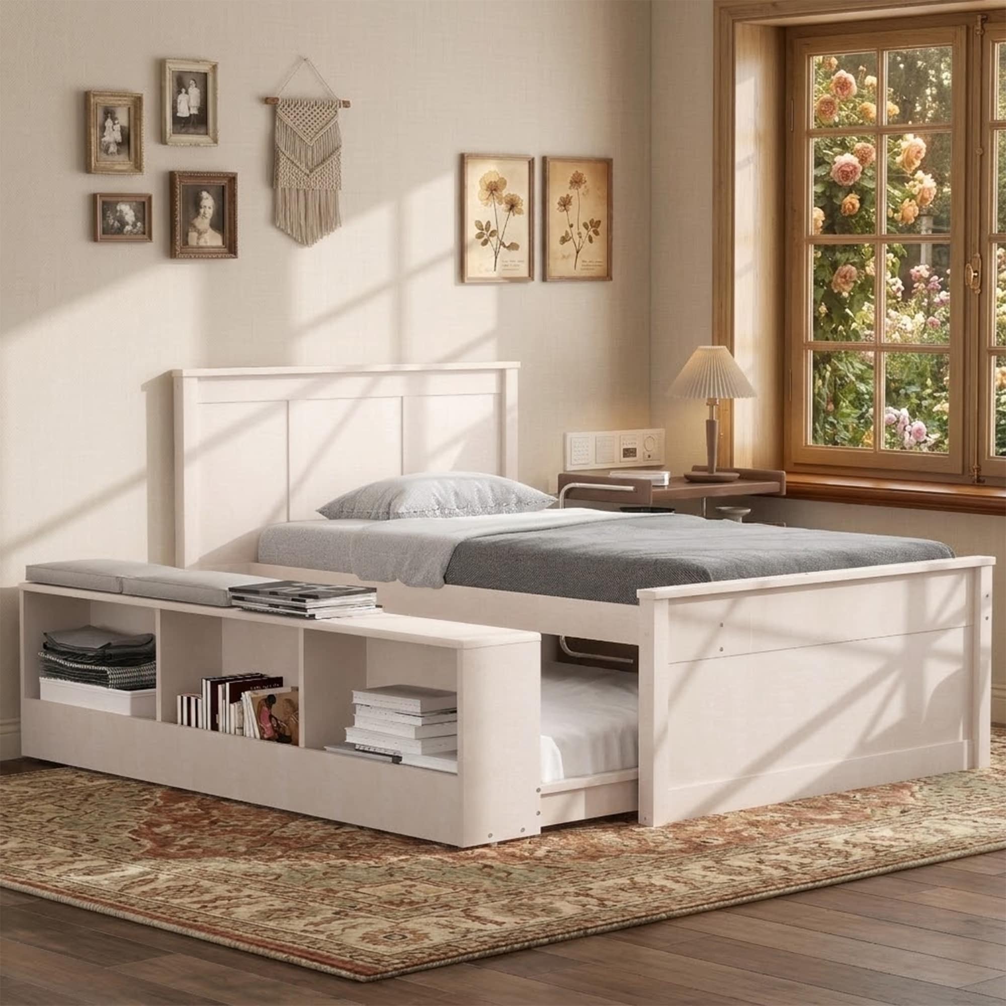 Gdfstudio Solid Wood Platform Bed With Pull Out Trundle And Side Storage Cabinet