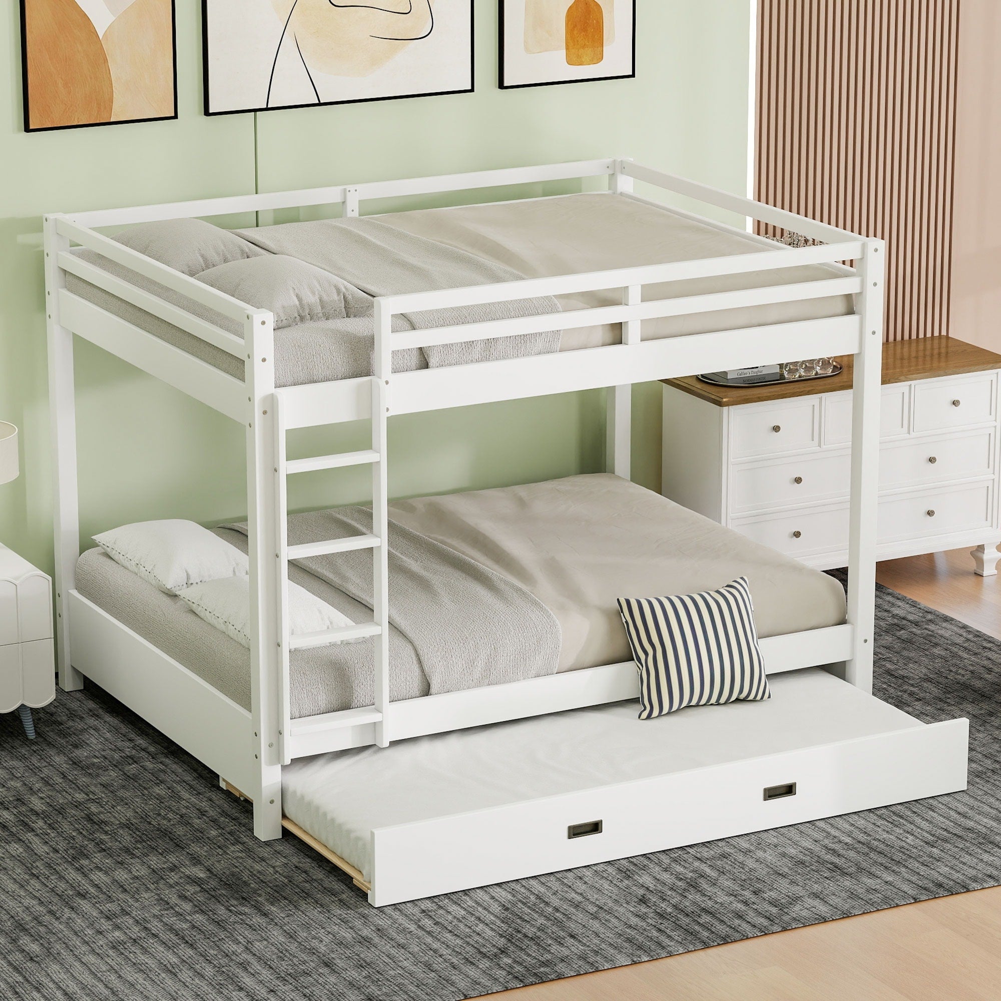 Gdfstudio Solid Wood Queen Bunk Bed With Ladder And Pull Out Trundle