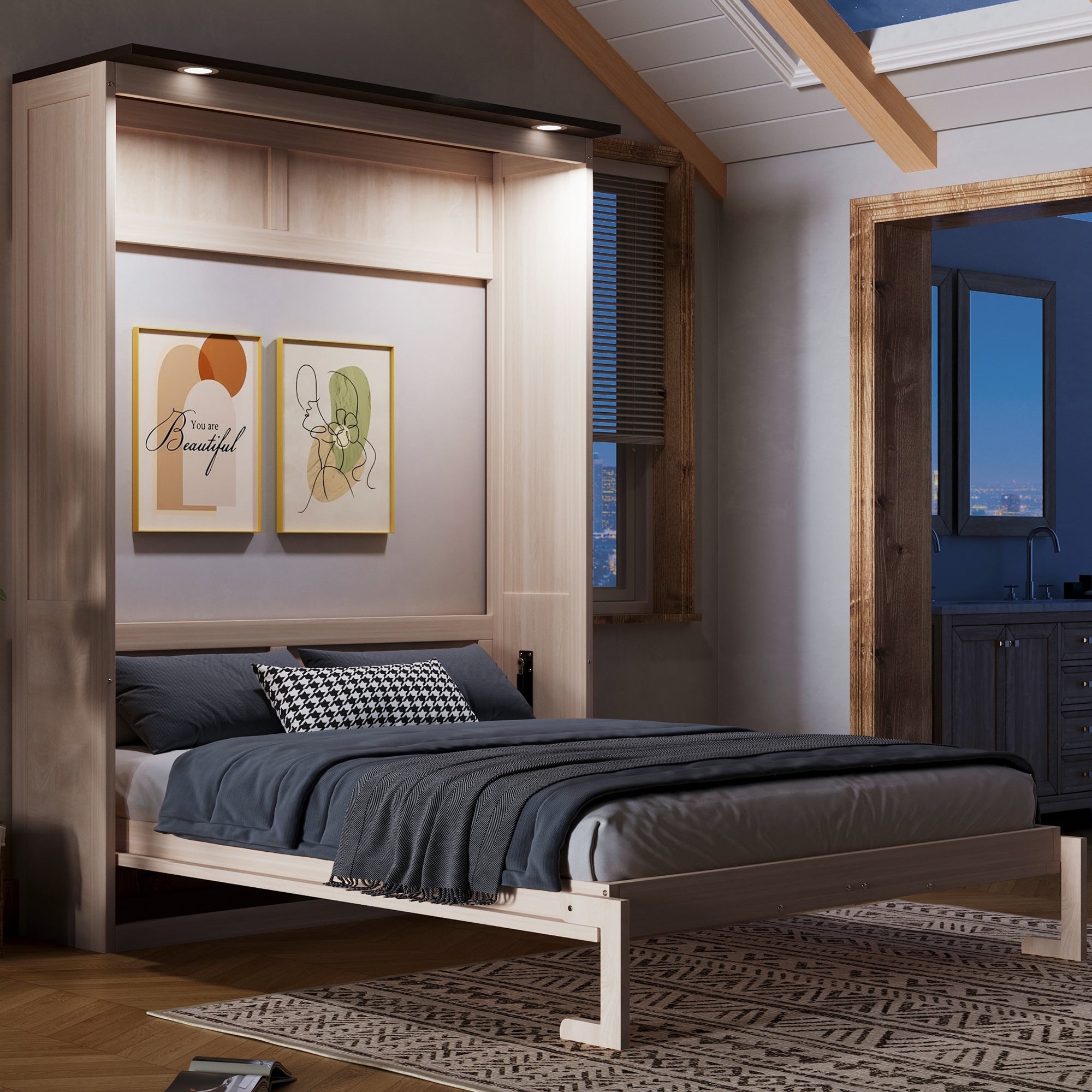 Gdfstudio Solid Wood Queen Murphy Bed With Led