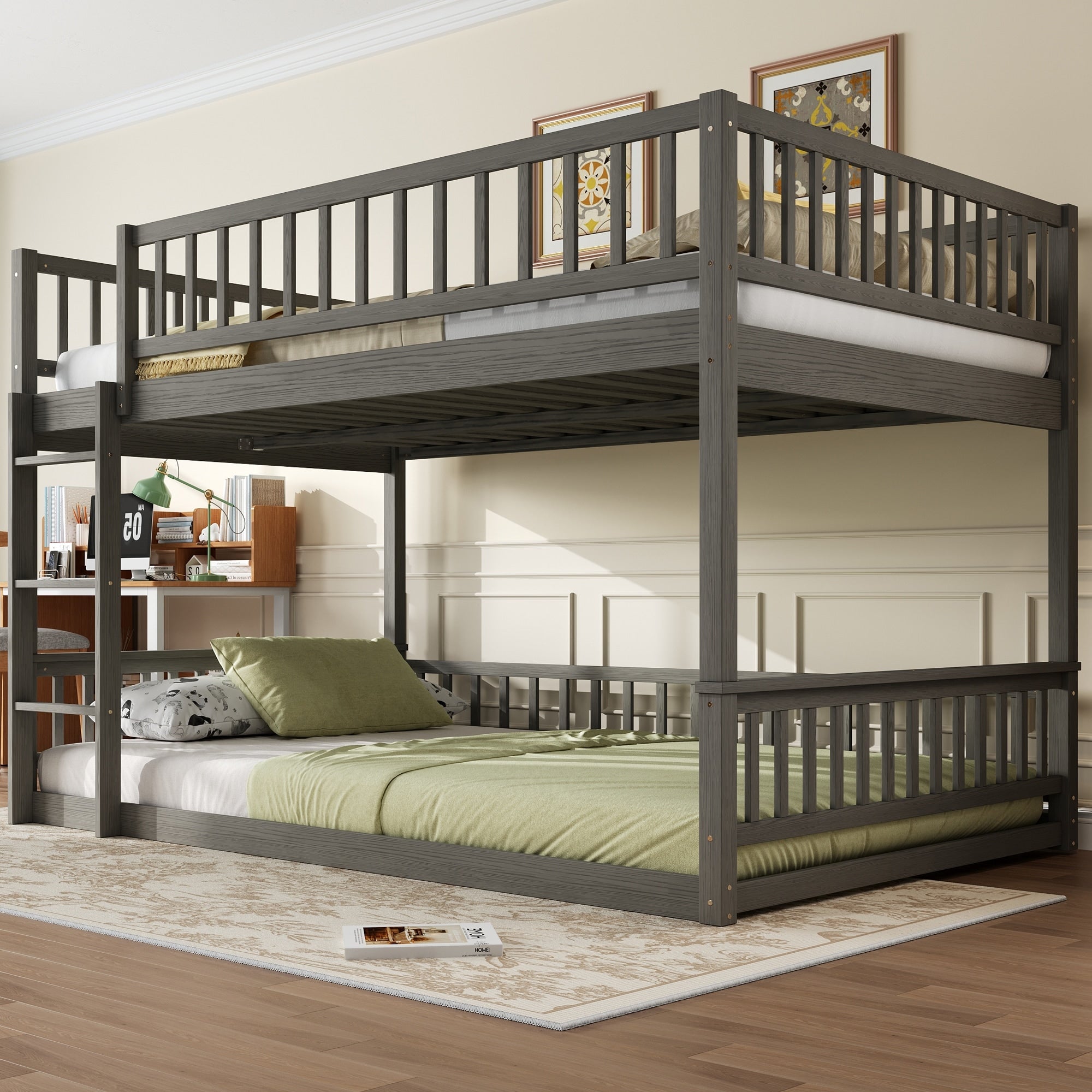 Gdfstudio Solid Wood Queen Over Queen Bunk Bed With Ladder Guardrails