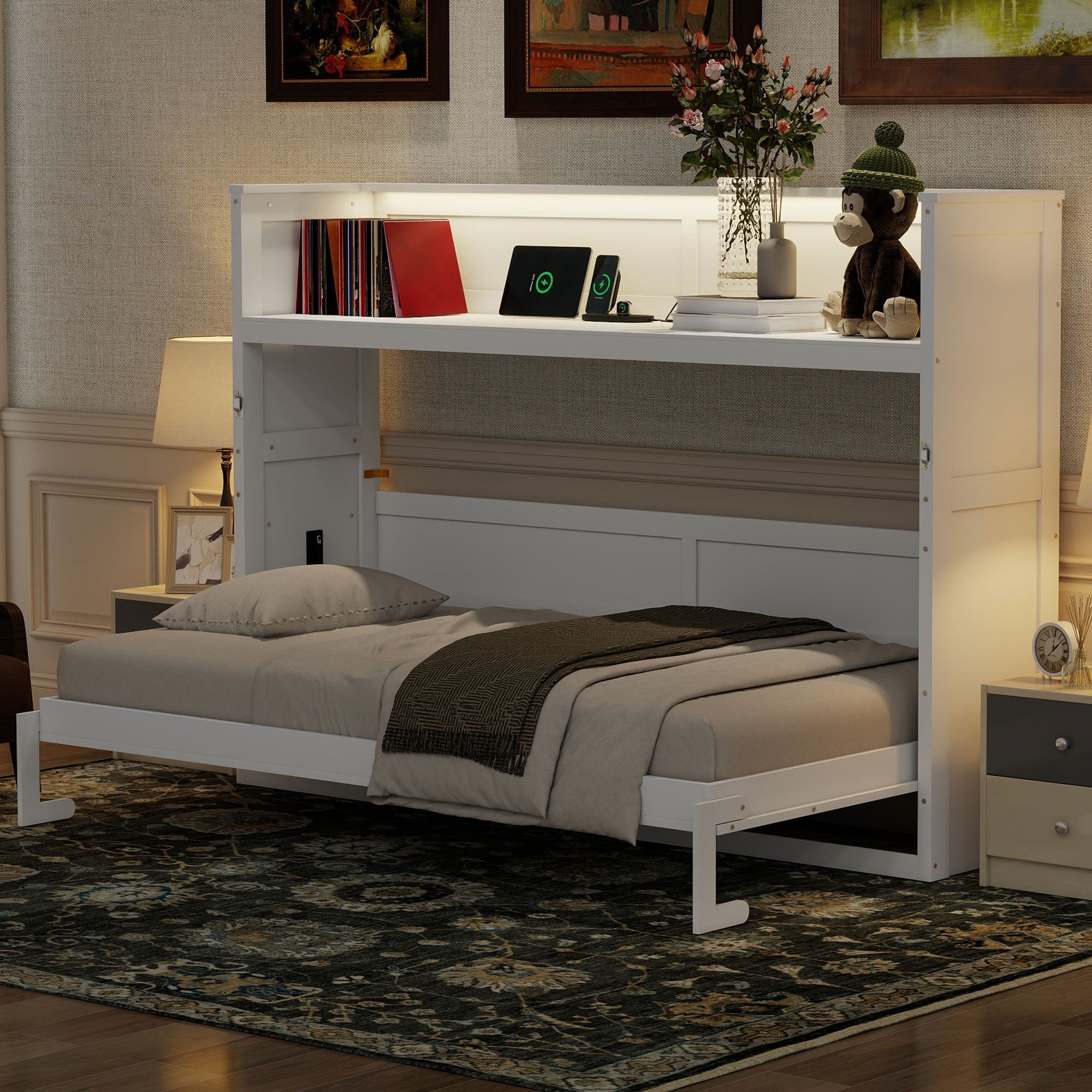Gdfstudio Solid Wood Twin Xl Murphy Bed With Desk Led Light Usb Charging And Storage