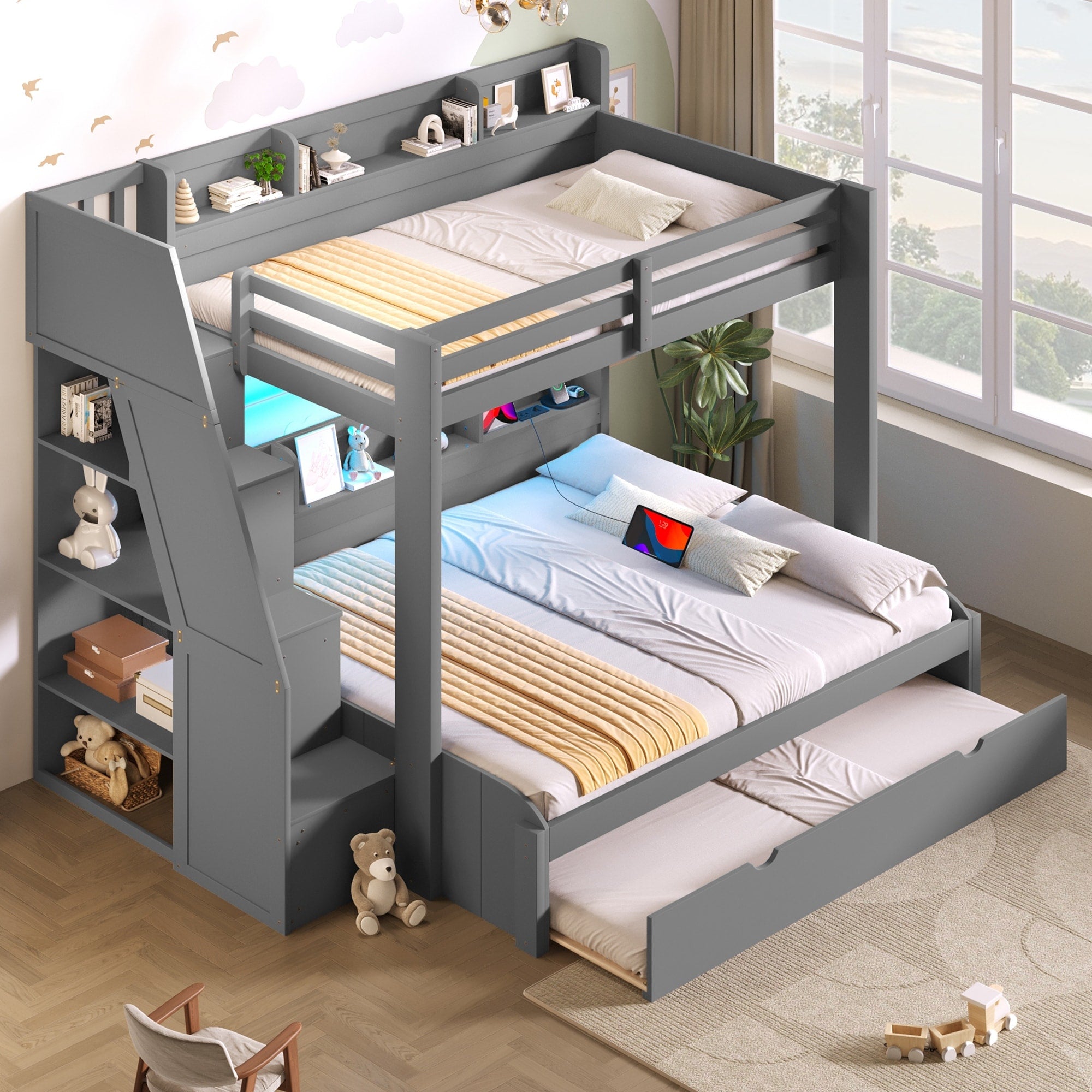 Gdfstudio Solid Wood Twin Over Full Bunk Bed With Storage Staircase Trundle Led Usb