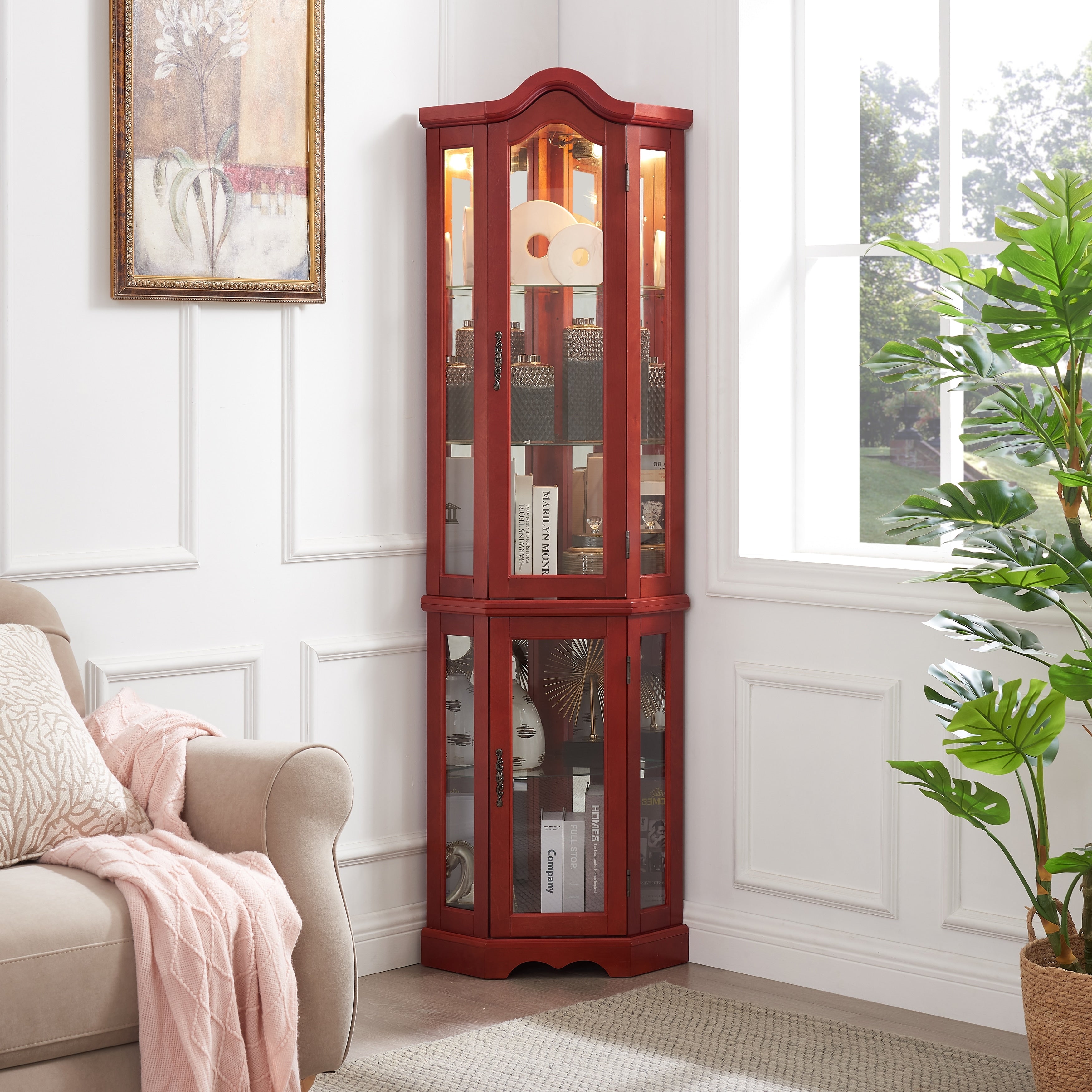 Gdfstudio Storage Corner Curio Cabinet With Lighted Glass Shelves