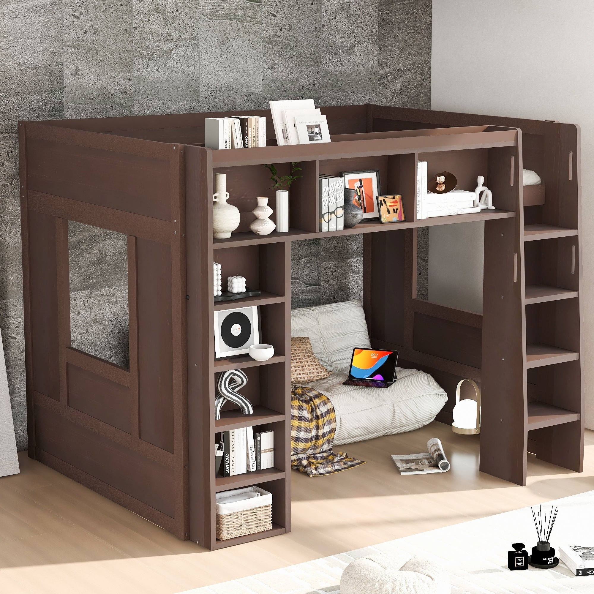 Gdfstudio Storemax Modern Wooden Queen Loft Bed With Storage Cabinets And Shelves