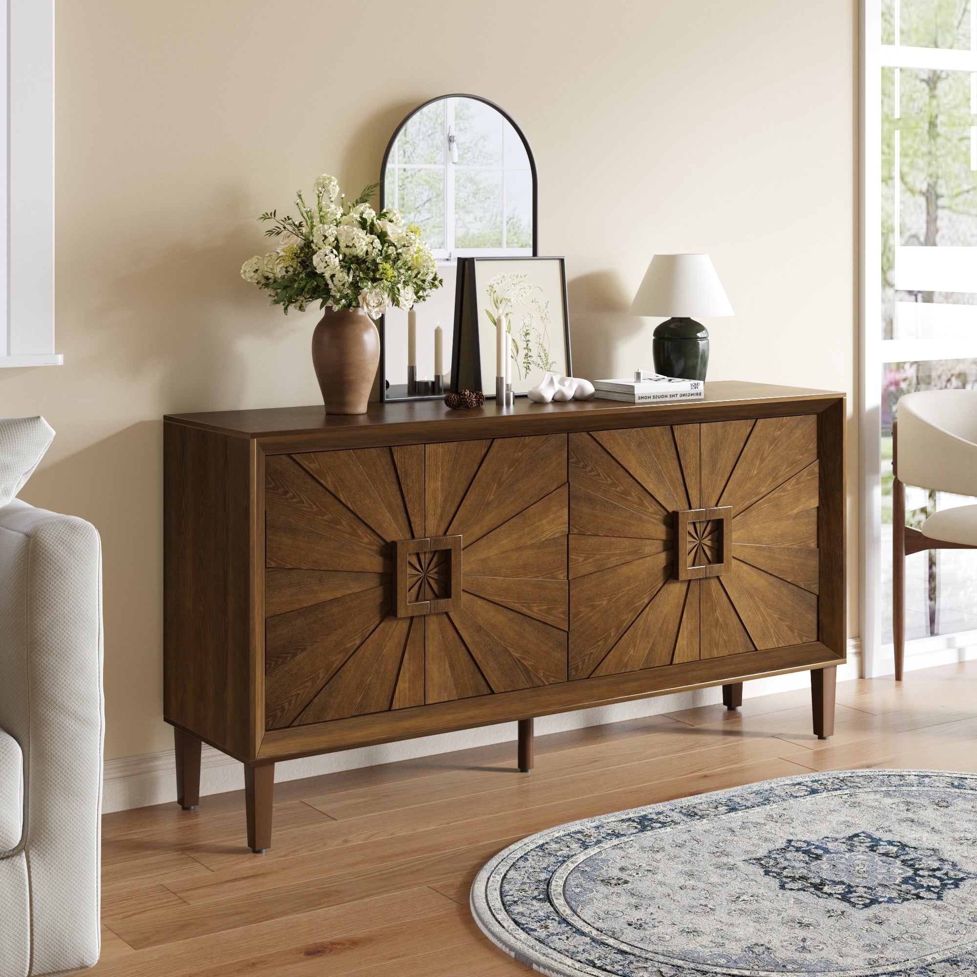 Gdfstudio Sunridge Farmhouse Rustic Wooden Credenza Storage Cabinet With Sunburst Doors