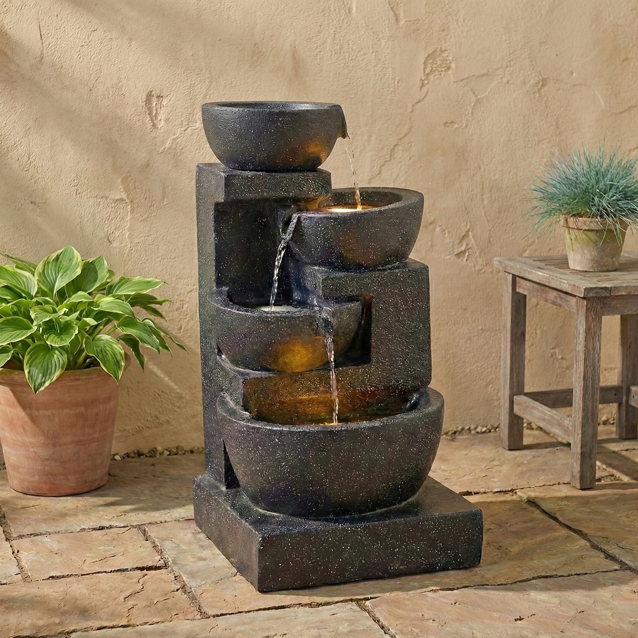 Gdfstudio Terrazzo 29 H Modern Outdoor Indoor 4 Tier Water Fountain With Cascading Bowls Stacked Stones Design Led Lights