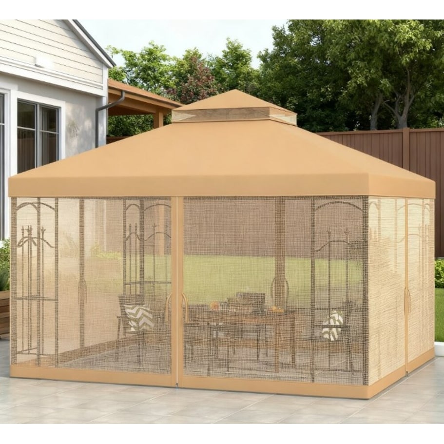 Gdfstudio Theodore Decorative Outdoor Double Roof Patio Gazebo With Integrated Shelving And Mesh Enclosure