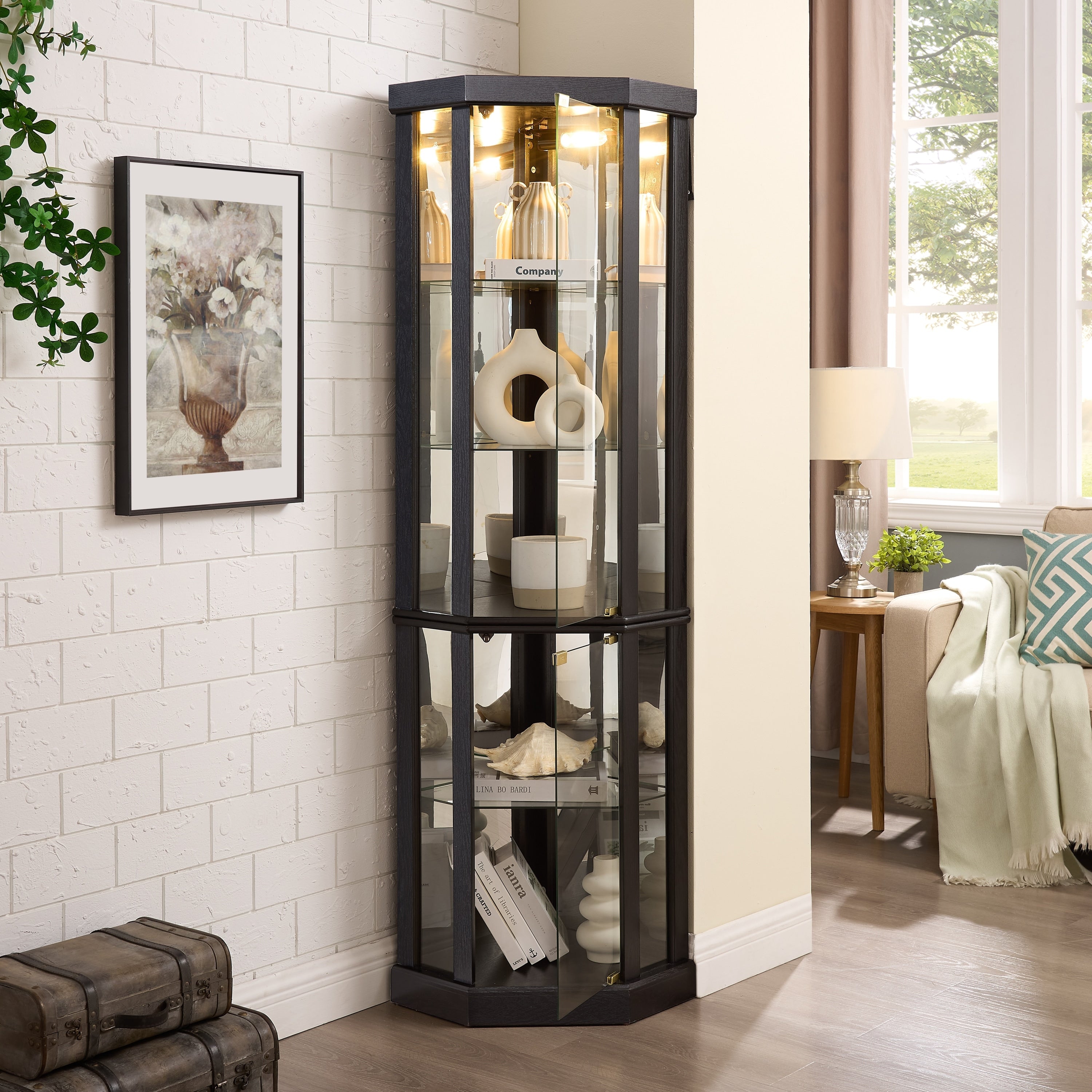 Gdfstudio Traditional Storage Corner Cabinet With Lighted Glass Display