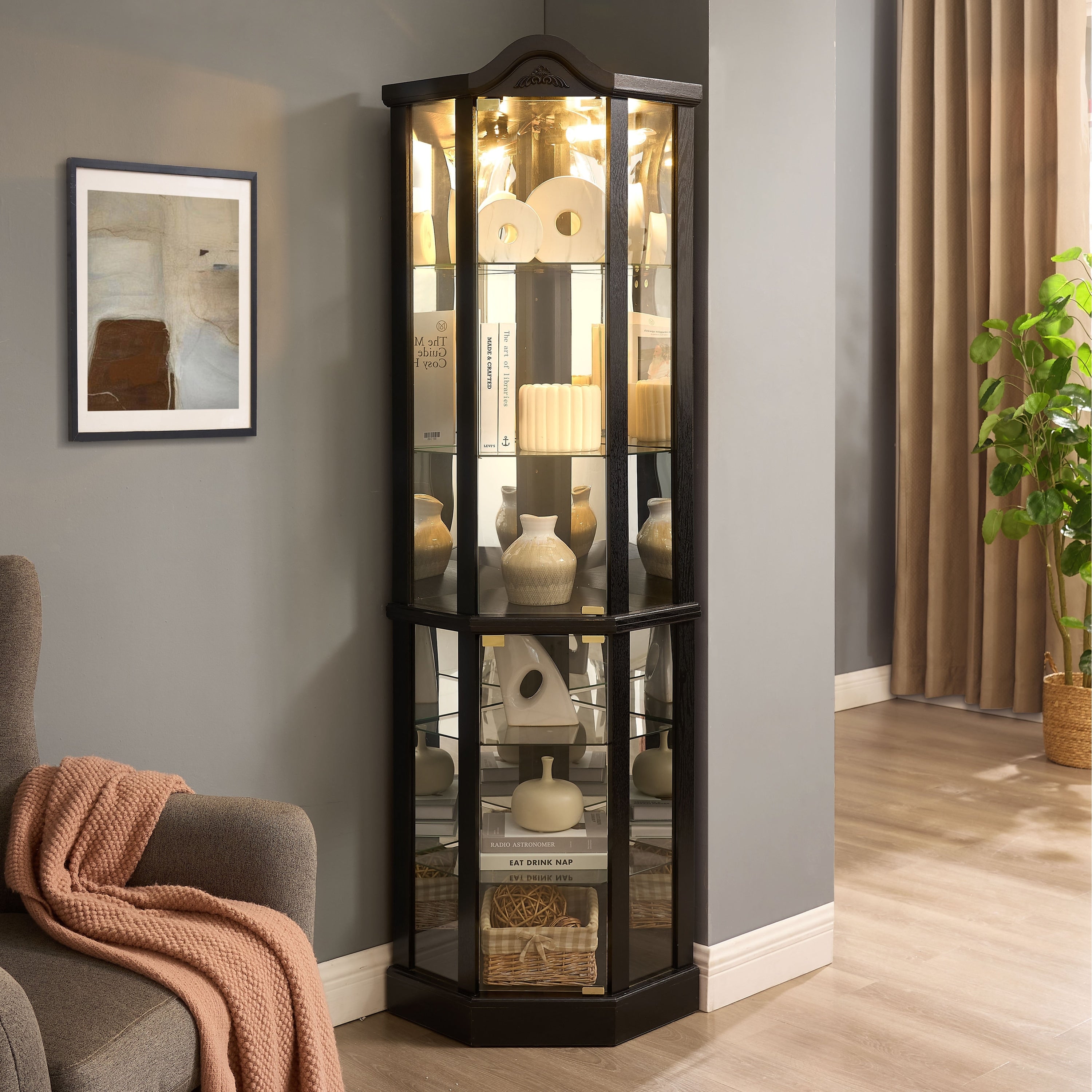 Gdfstudio Traditional Storage Corner Cabinet With Lighted Glass Shelves And Carved Crown