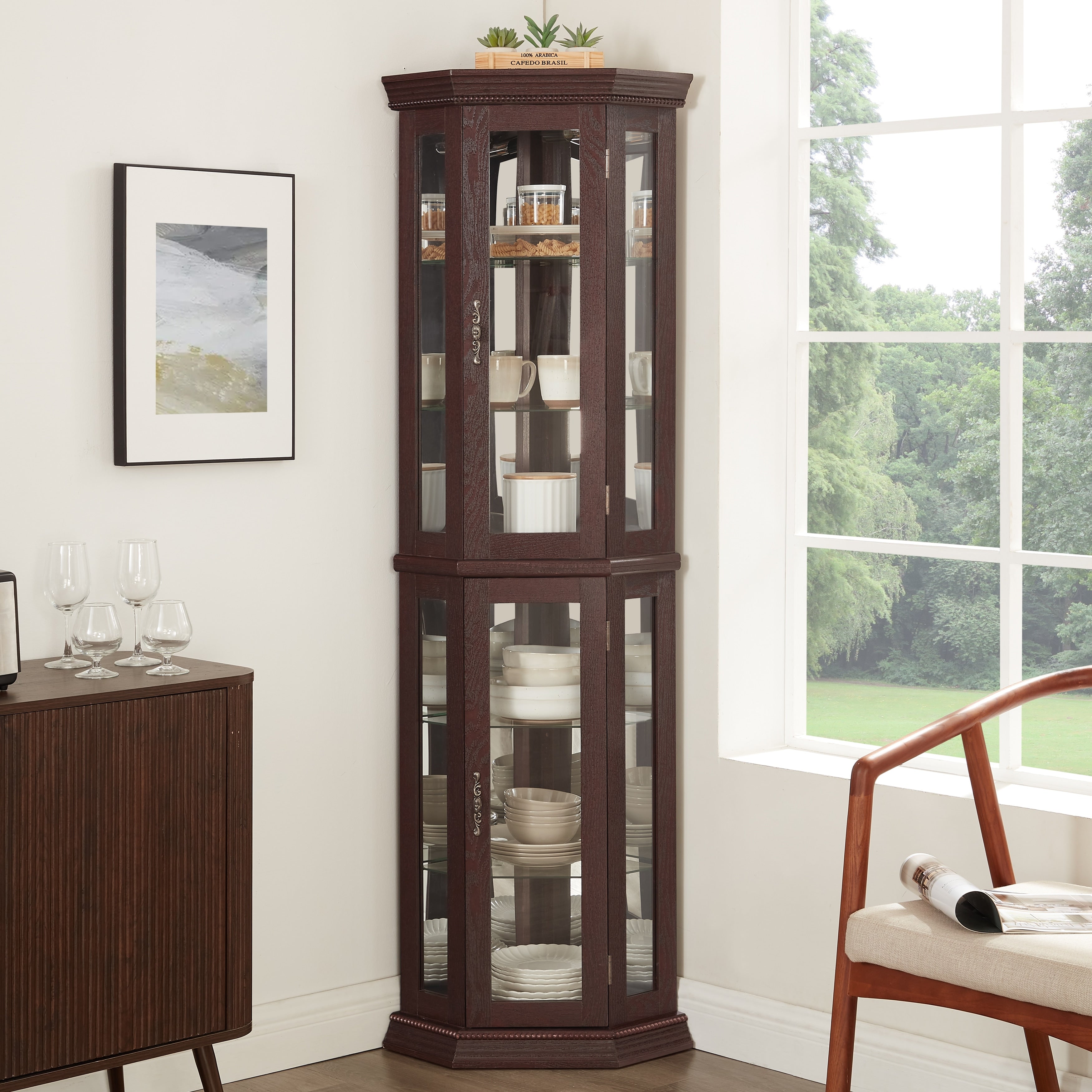 Gdfstudio Traditional Storage Corner Curio Cabinet With Lighted Glass Shelves