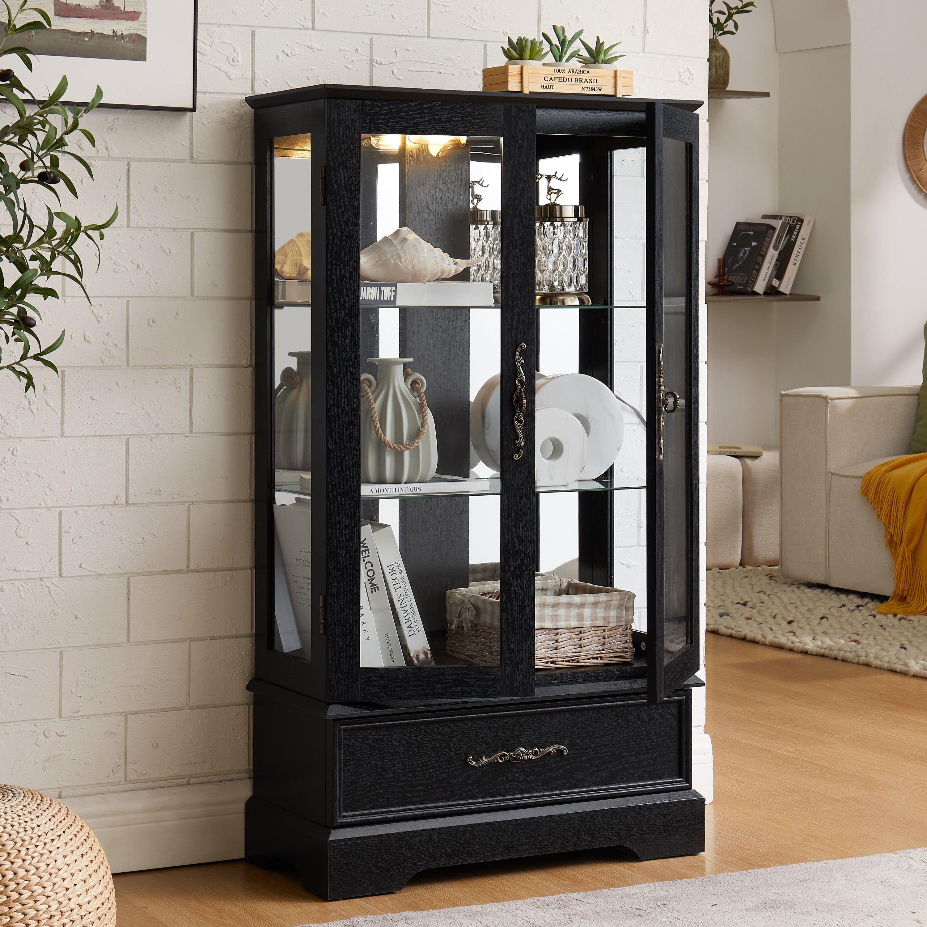 Gdfstudio Traditional Storage Lighted Curio Display Cabinet With Glass Doors And Drawer