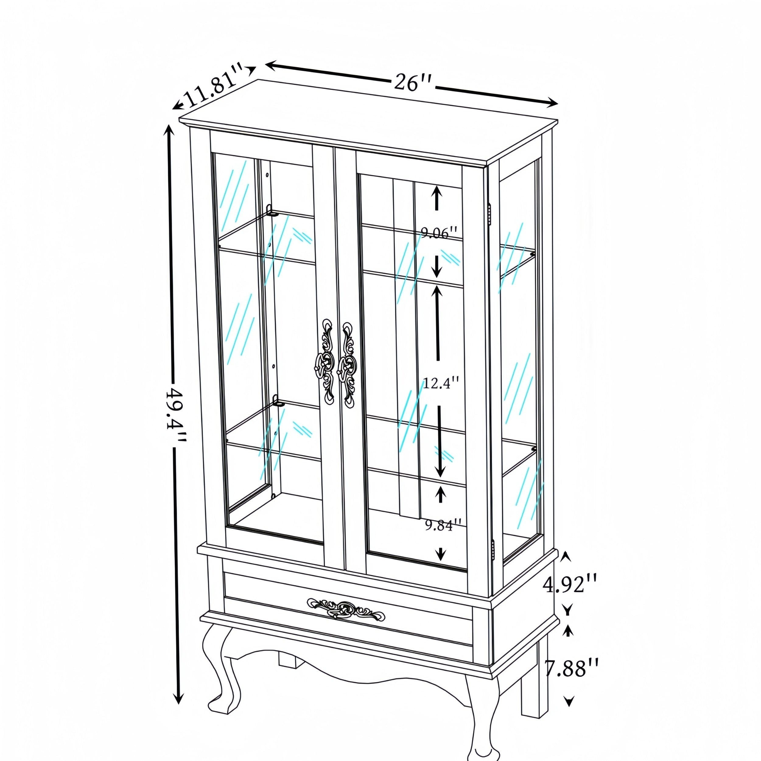 Gdfstudio Traditional Storage Lighted Glass Curio Cabinet With Adjustable Shelves And Drawer