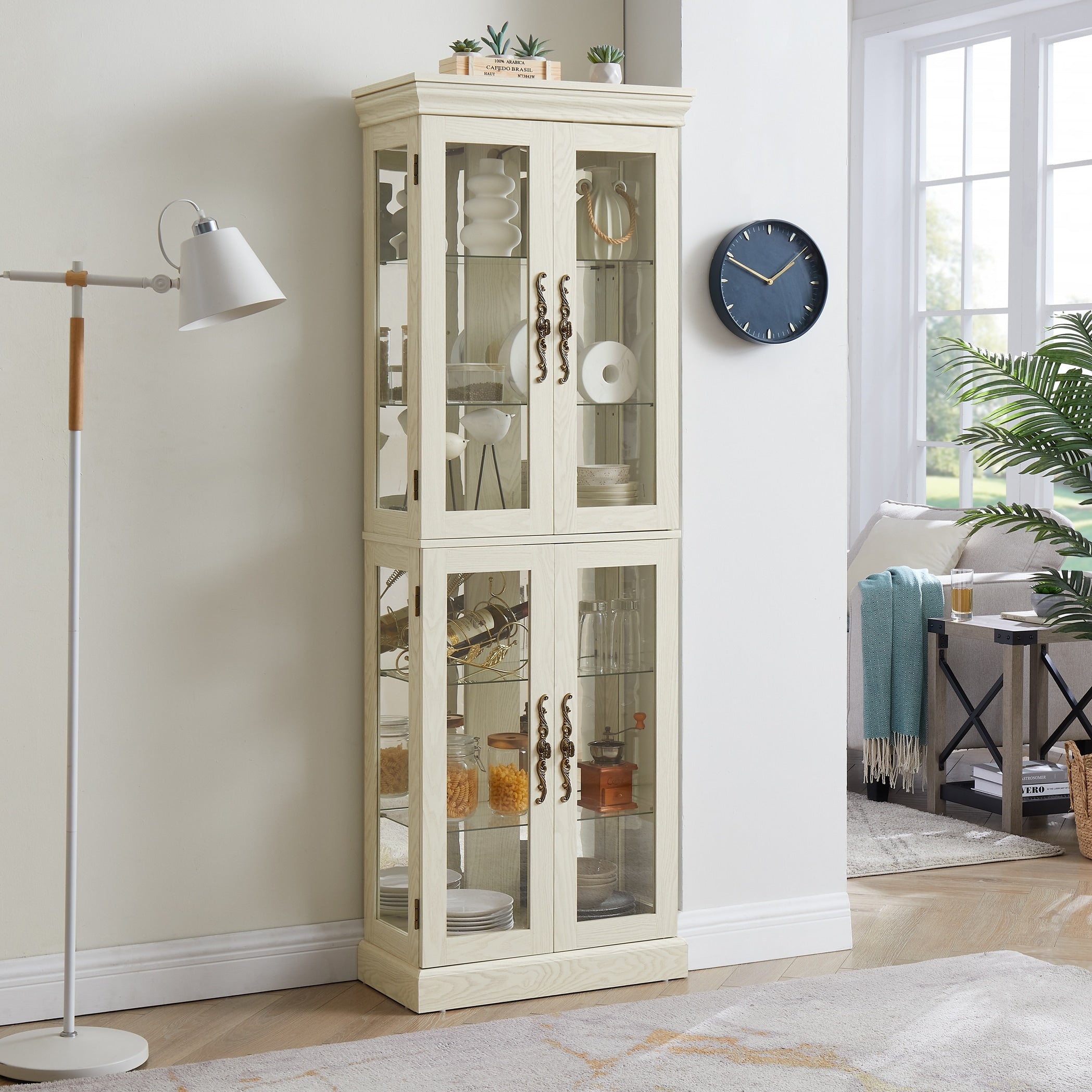 Gdfstudio Traditional Storage Lighted Glass Curio Display Cabinet With Adjustable Shelves