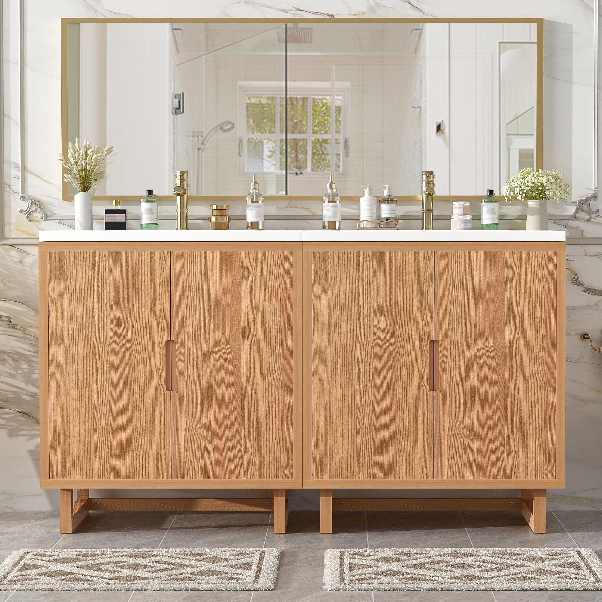 Gdfstudio Transitional Double Bathroom Vanity Set With Resin Sink Soft Close Doors Solid Wood Legs