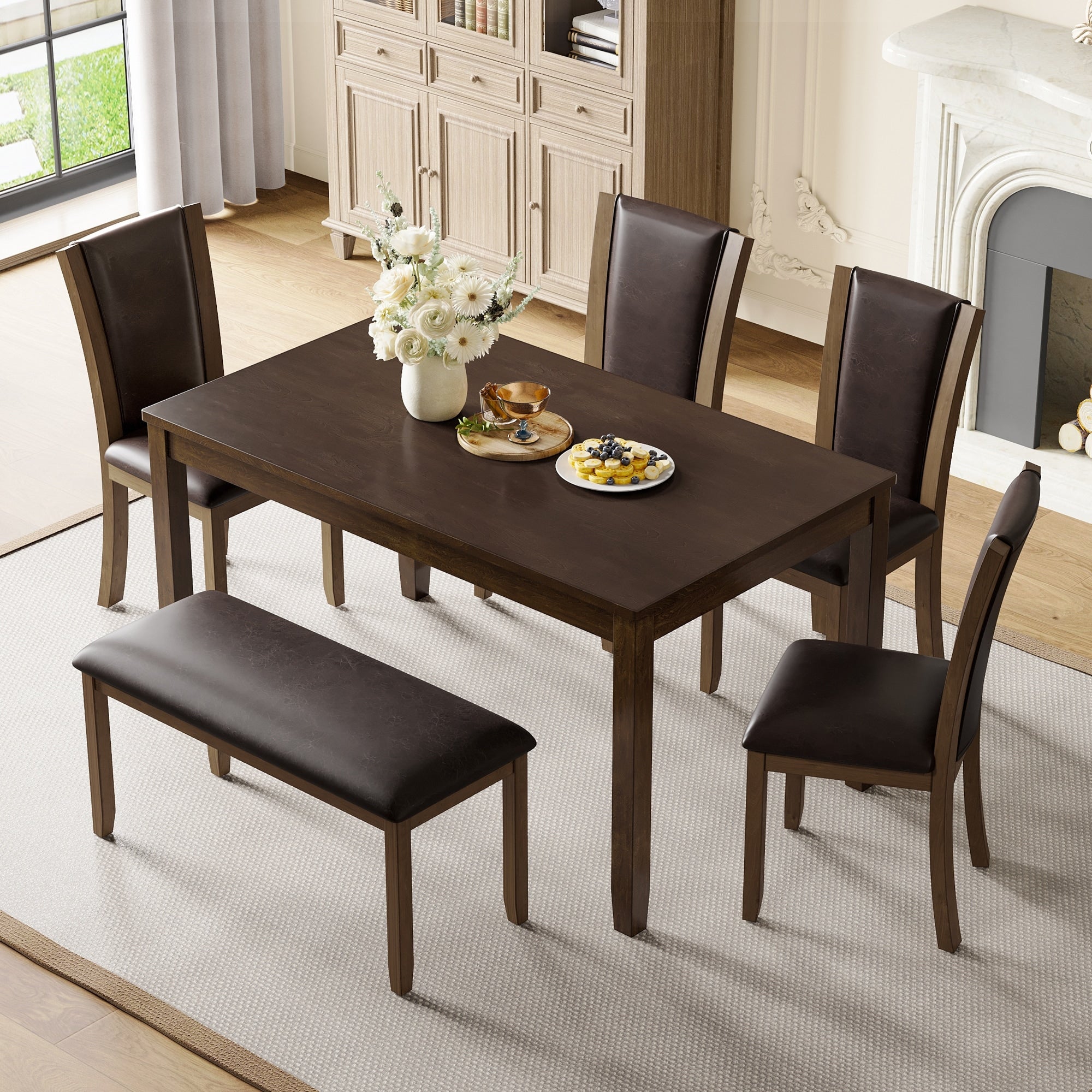 Gdfstudio Unionvale 6 Piece Transitional Wooden Dining Table Set With 4 Upholstered Chairs And 1 Bench