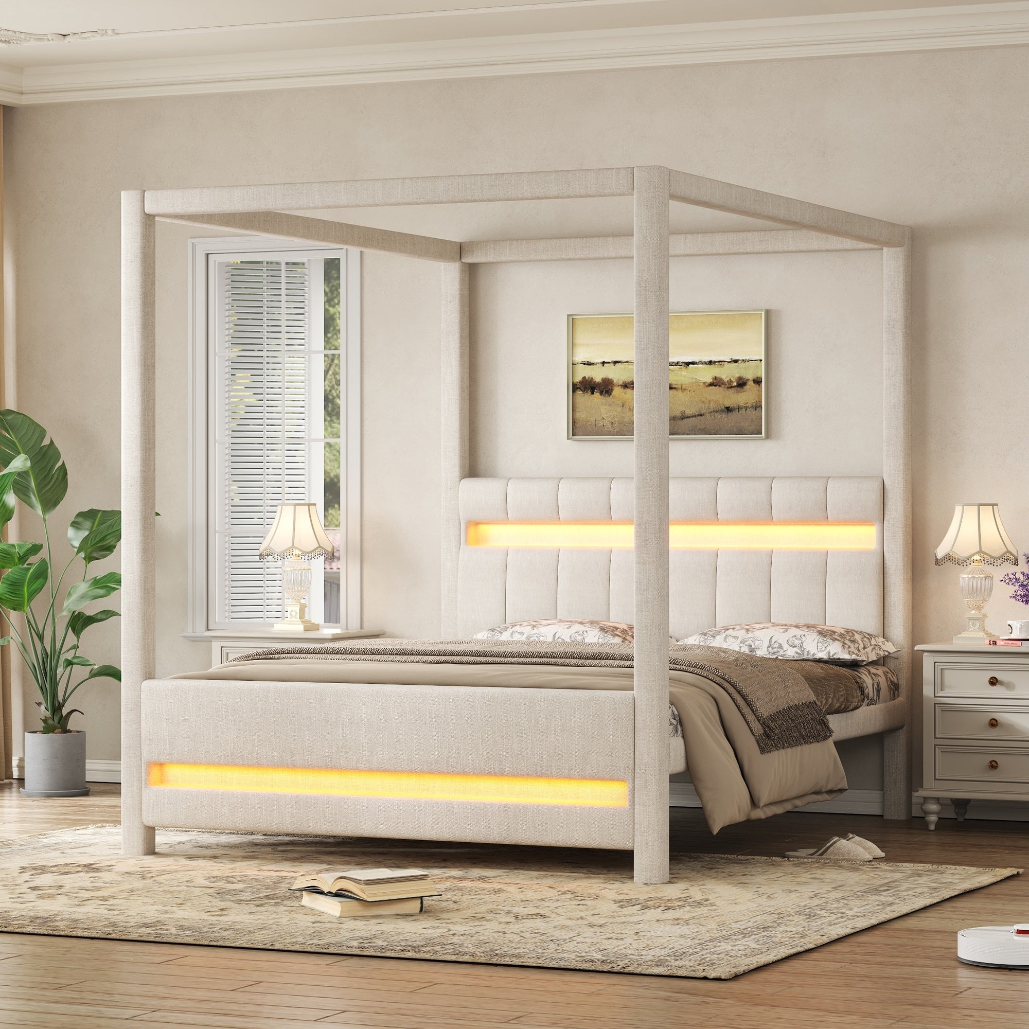 Gdfstudio Upholstered Canopy Platform Bed Frame With Led Light And Headboard
