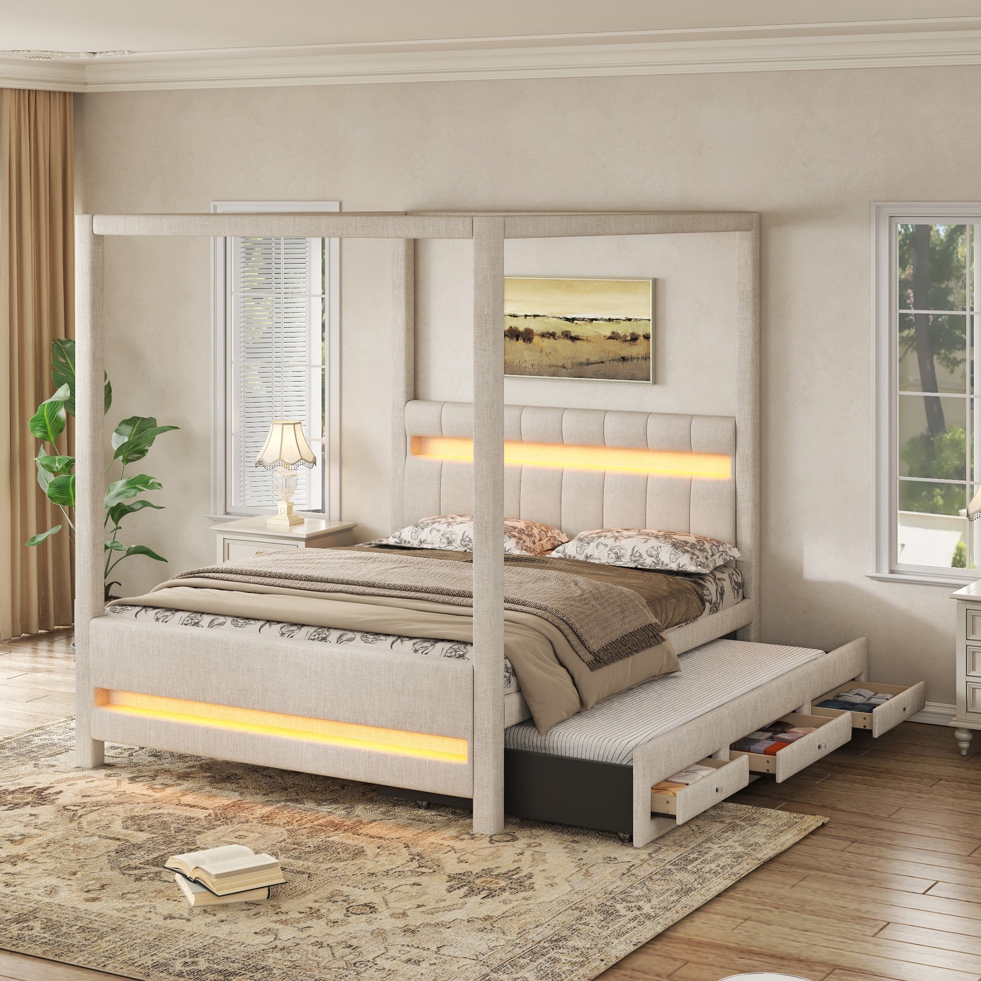 Gdfstudio Upholstered Canopy Platform Bed With Led Lights Twin Trundle And 3 Storage Drawers