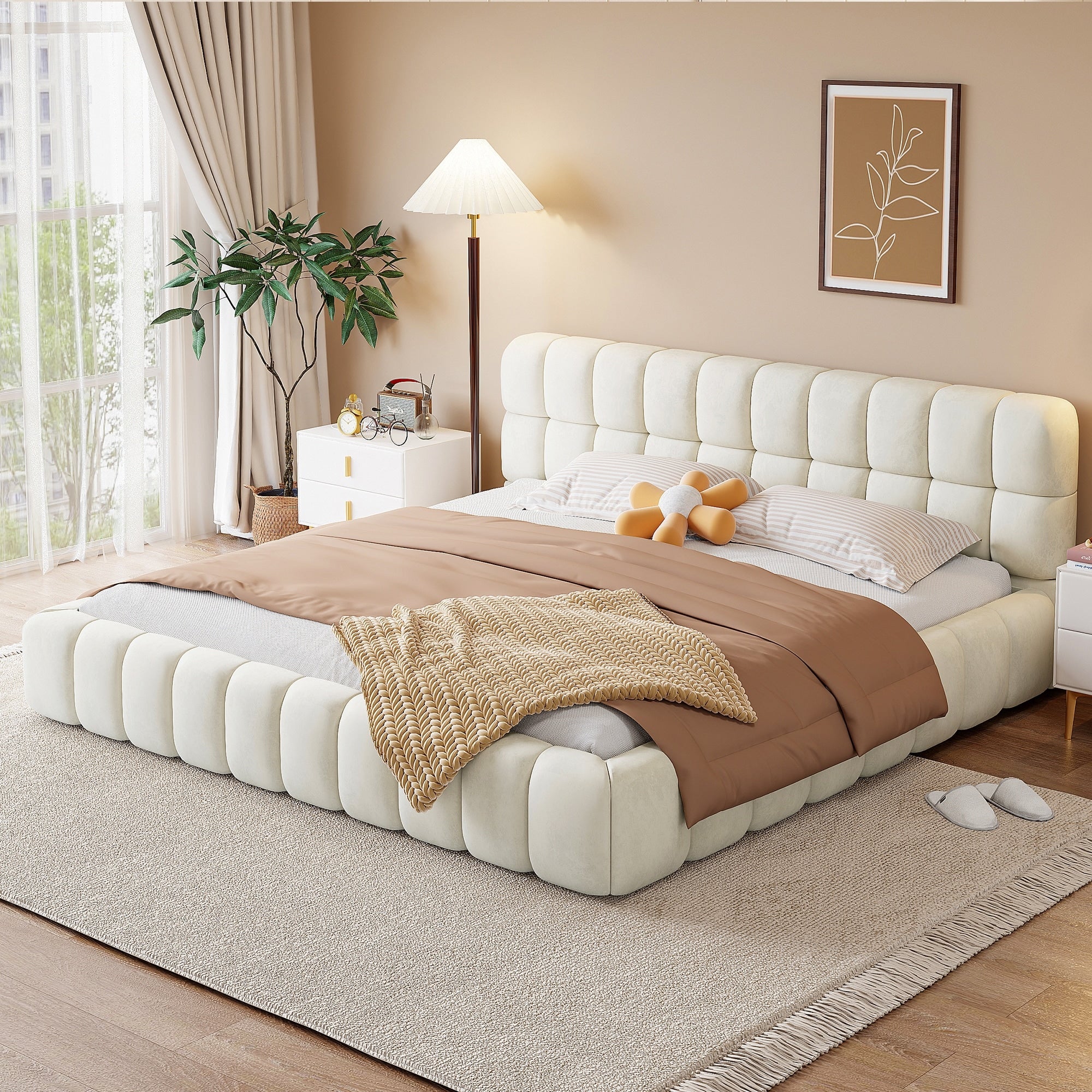 Gdfstudio Upholstered Platform Bed With Soft Linen Fabric And Solid Plywood Frame