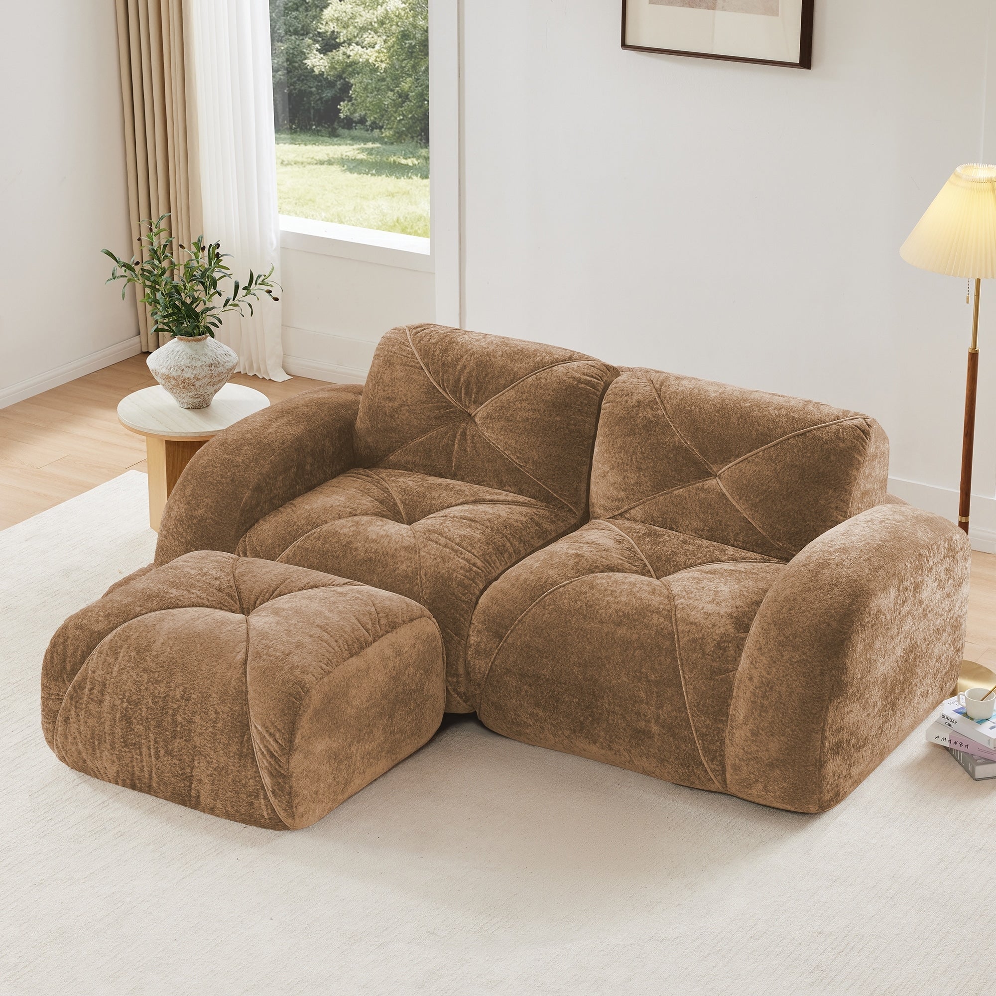 Gdfstudio Velvet 2 Seater 80.3 L Shaped Sofa With 32D High Density Sponge Movable Ottoman