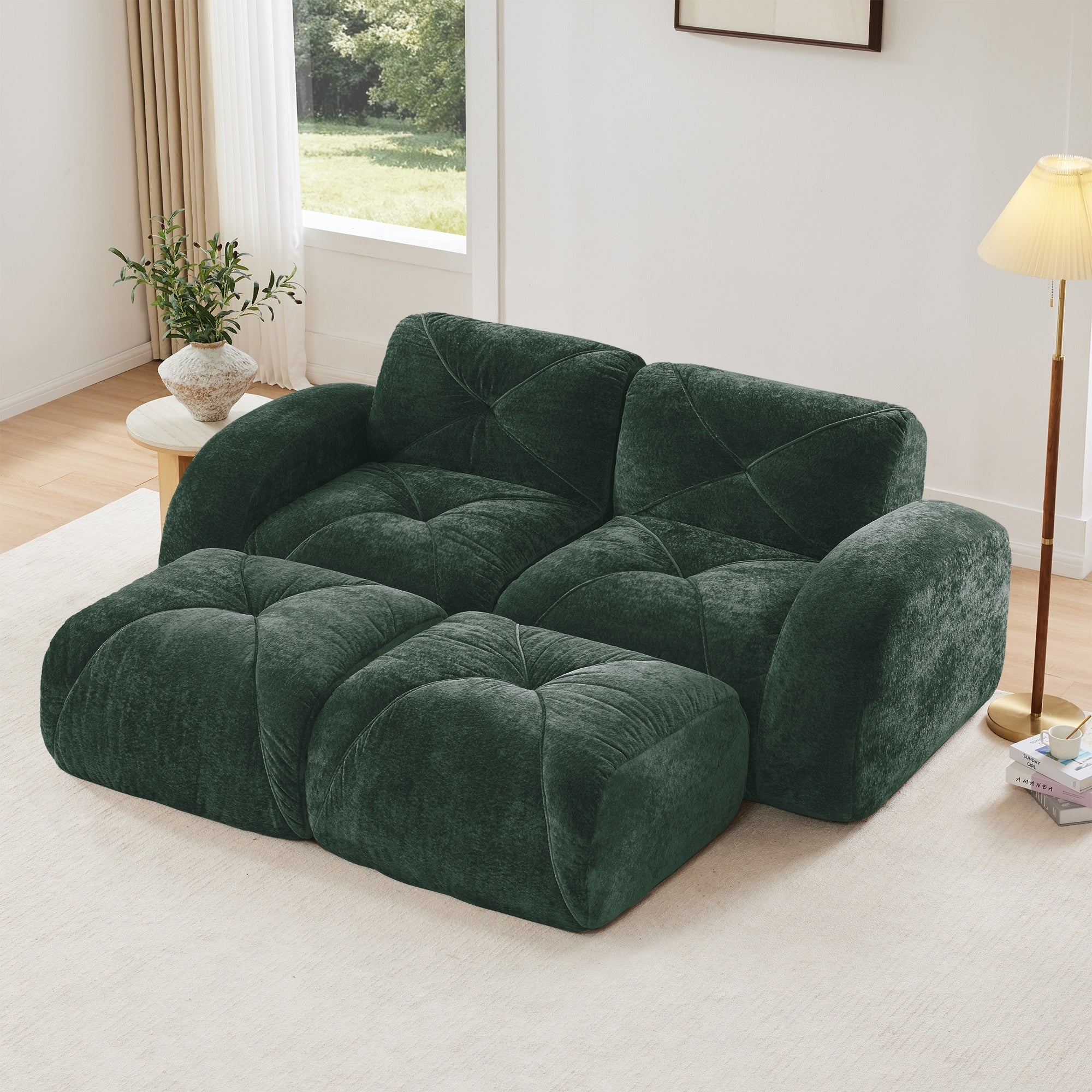 Gdfstudio Velvet 2 Seater 80.3 U Shaped Sofa With 32D Sponge Movable Ottoman