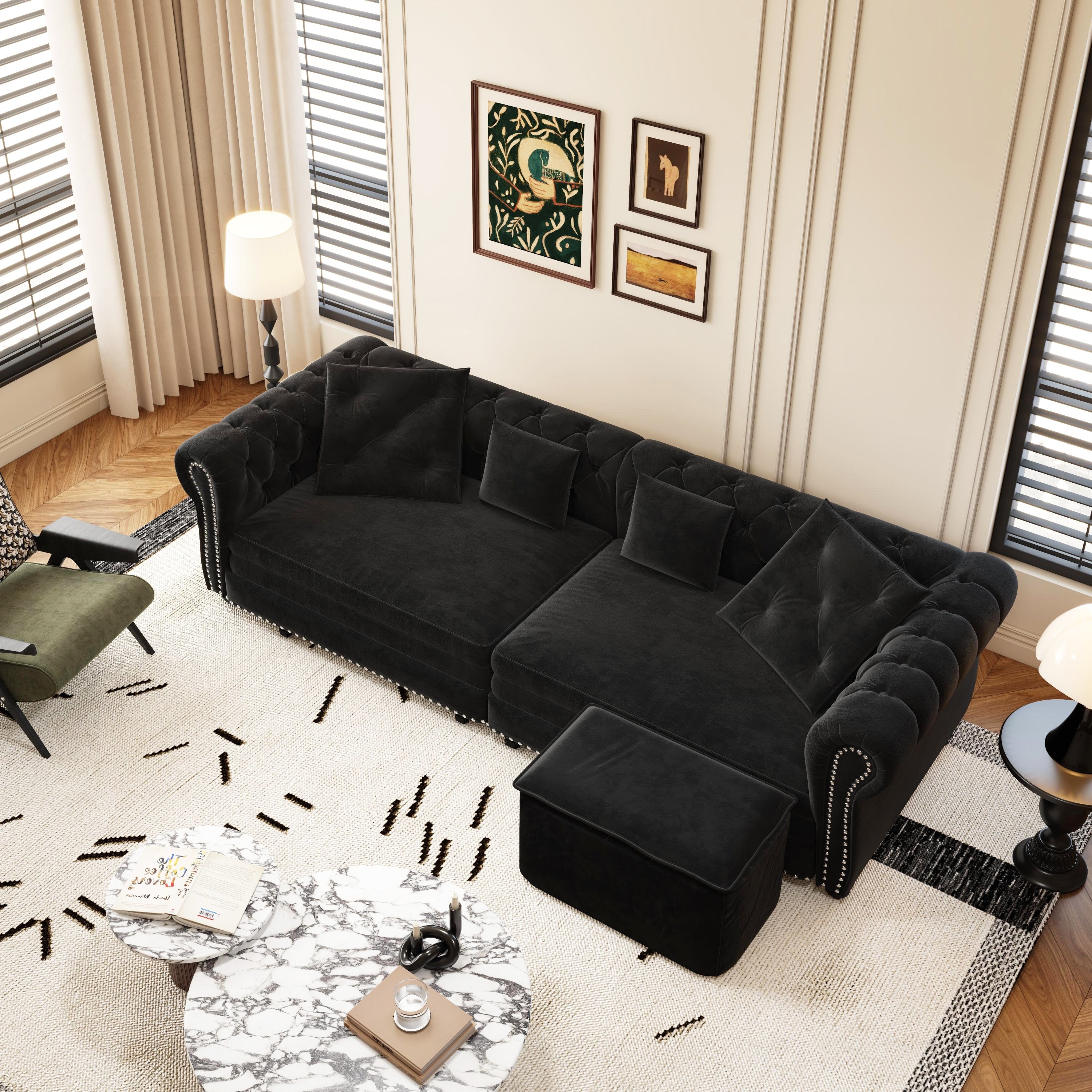 Gdfstudio Velvet 89 Chesterfield 3 In 1 Convertible Sofa Bed With Movable Ottoman