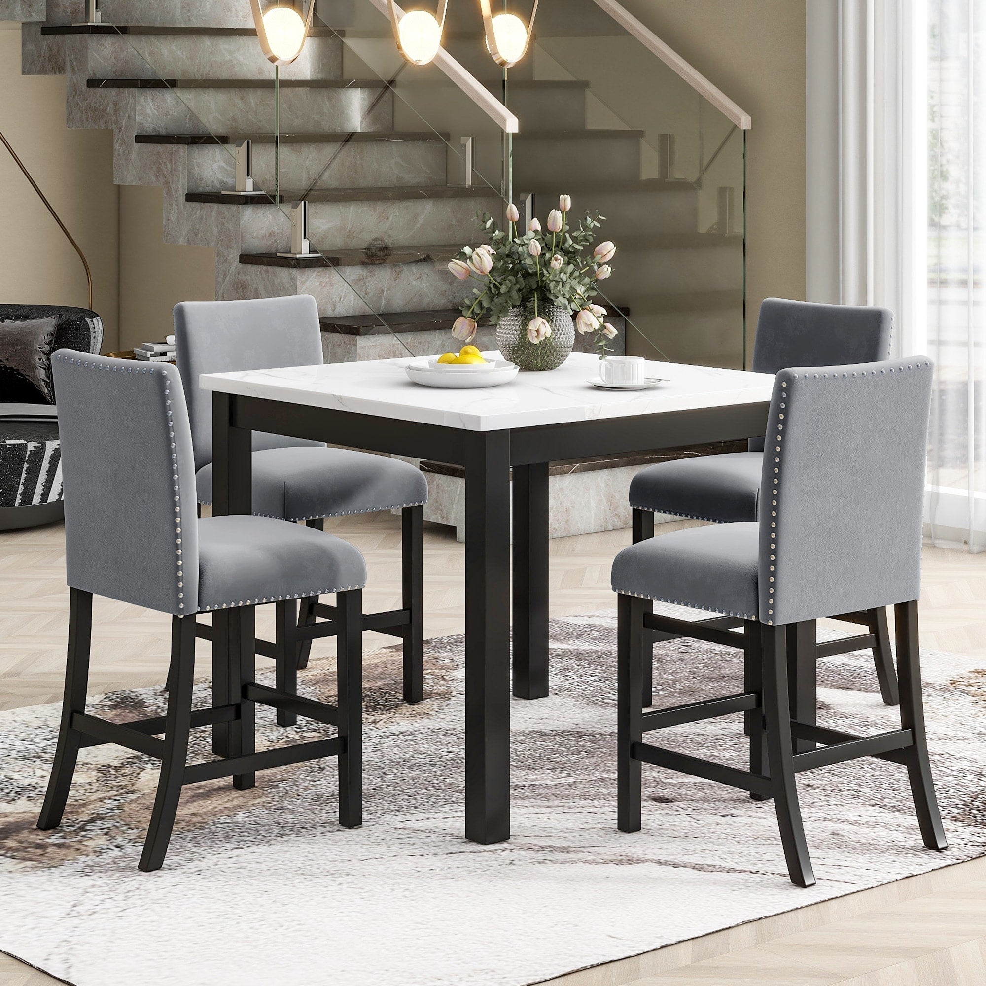 Gdfstudio Vornell Modern 5 Piece Counter Height Dining Table Set With Faux Marble Top 4 Velvet Upholstered Chairs
