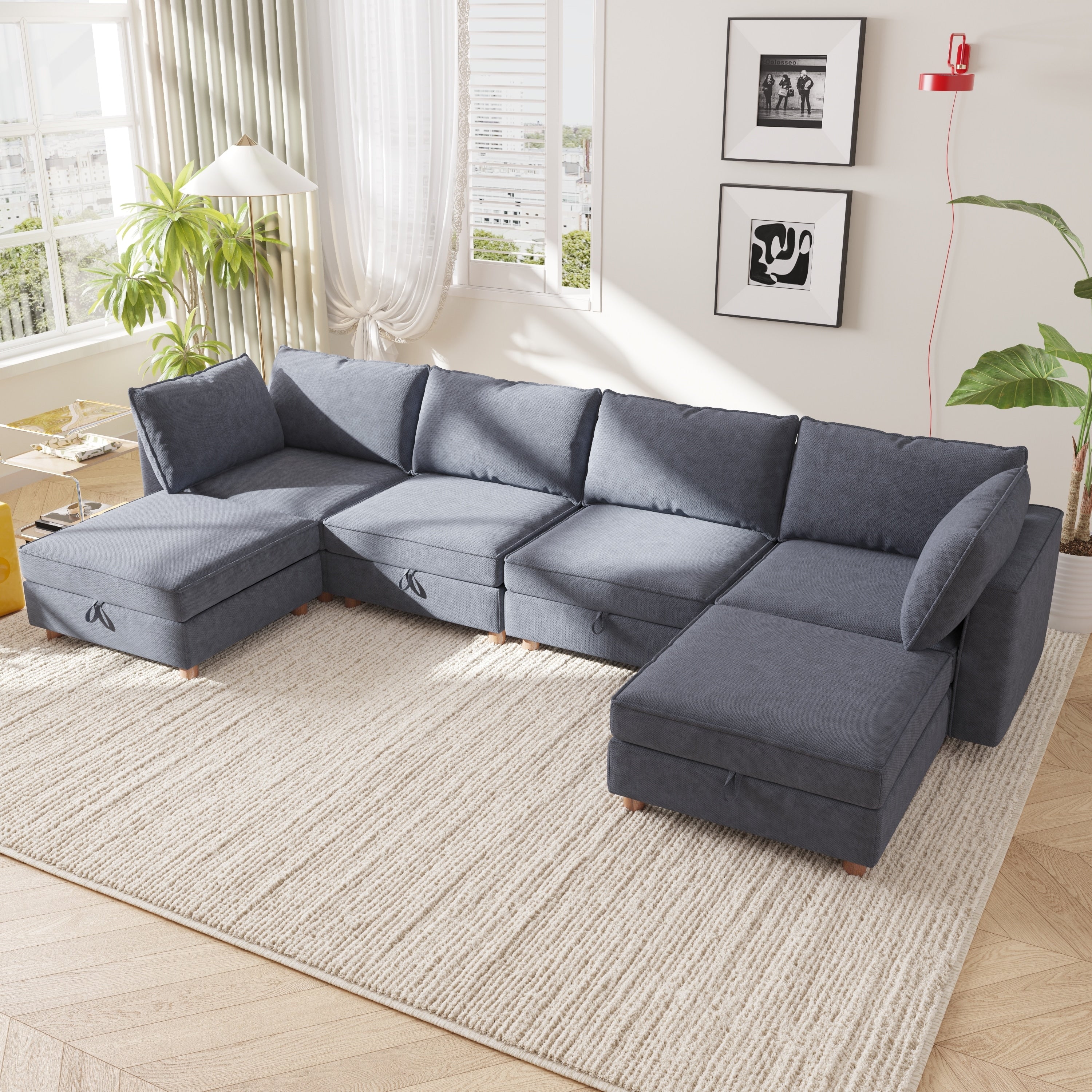 Gdfstudio Waterproof Fabric 6 Seat 127.56 Modular Sectional Sofa With Storage Solid Wood Frame