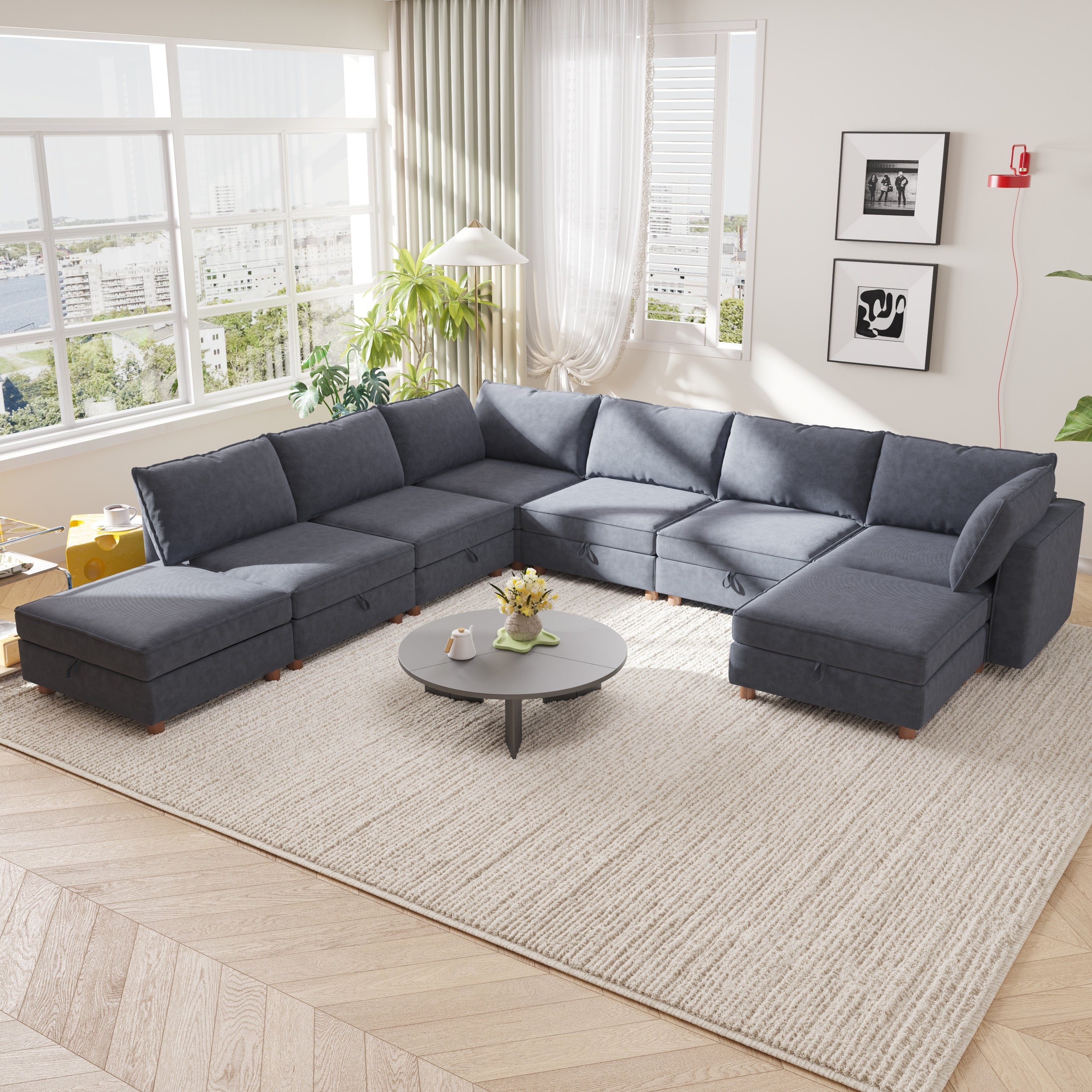 Gdfstudio Waterproof Fabric 8 Seat 127.56 Modular Sectional Sofa With Storage Solid Wood Frame