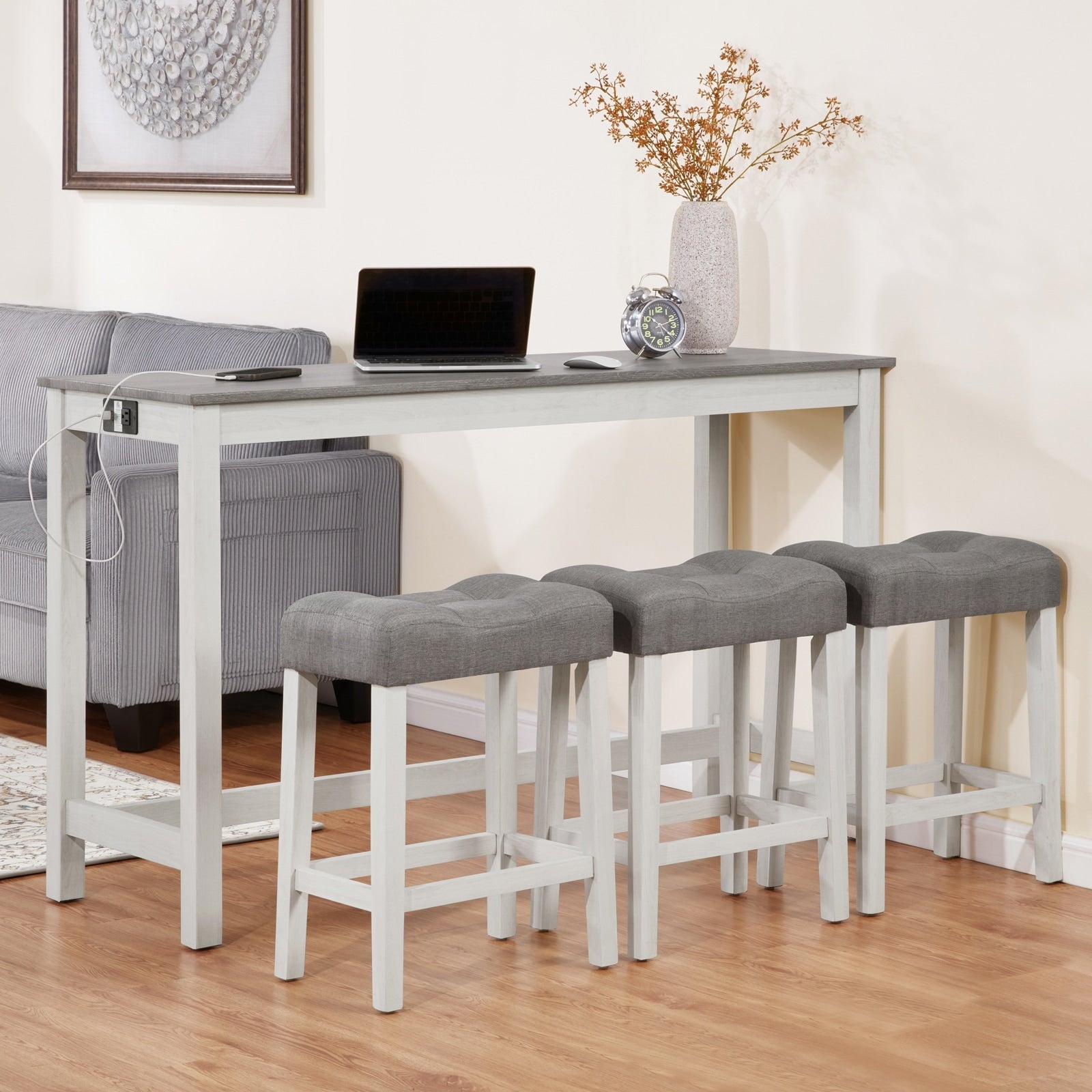 Gdfstudio White Grey 4 Piece Sofa Bar Table With 3 Upholstered Stools And Usb Charging