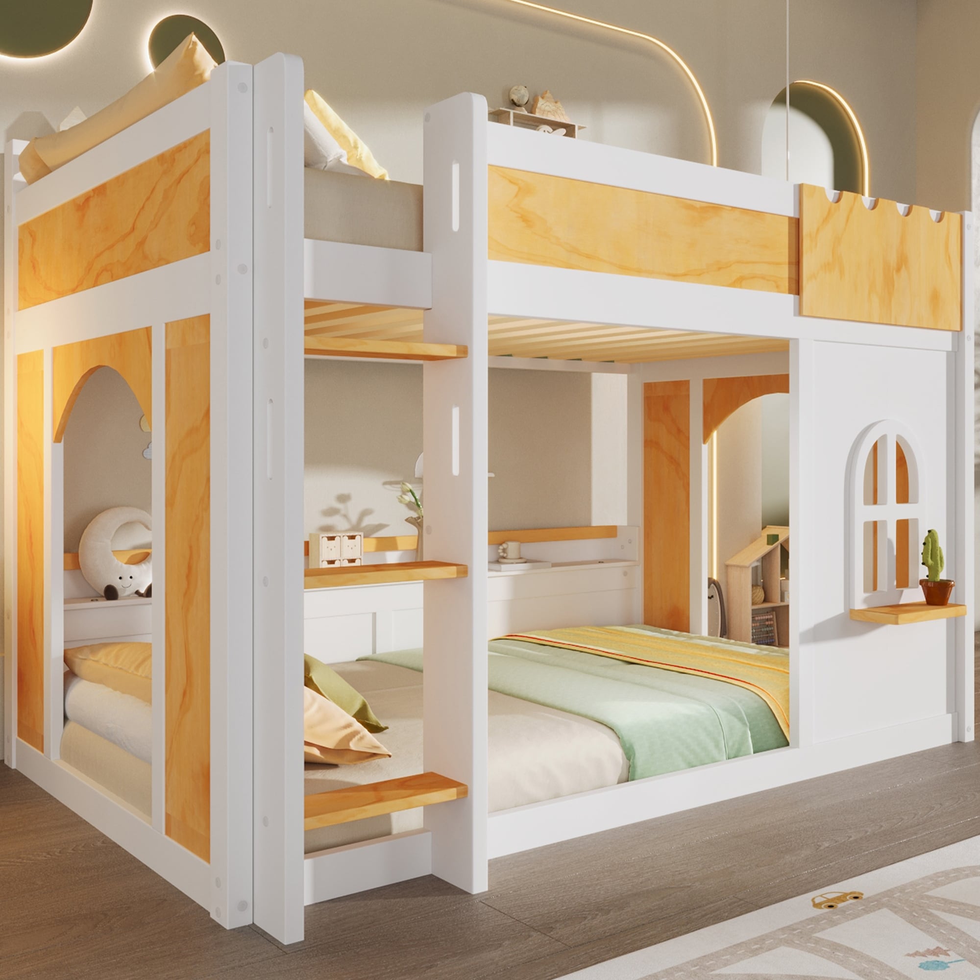 Gdfstudio Wood Bunk Bed With Storage Shelves Window And Dual Doors